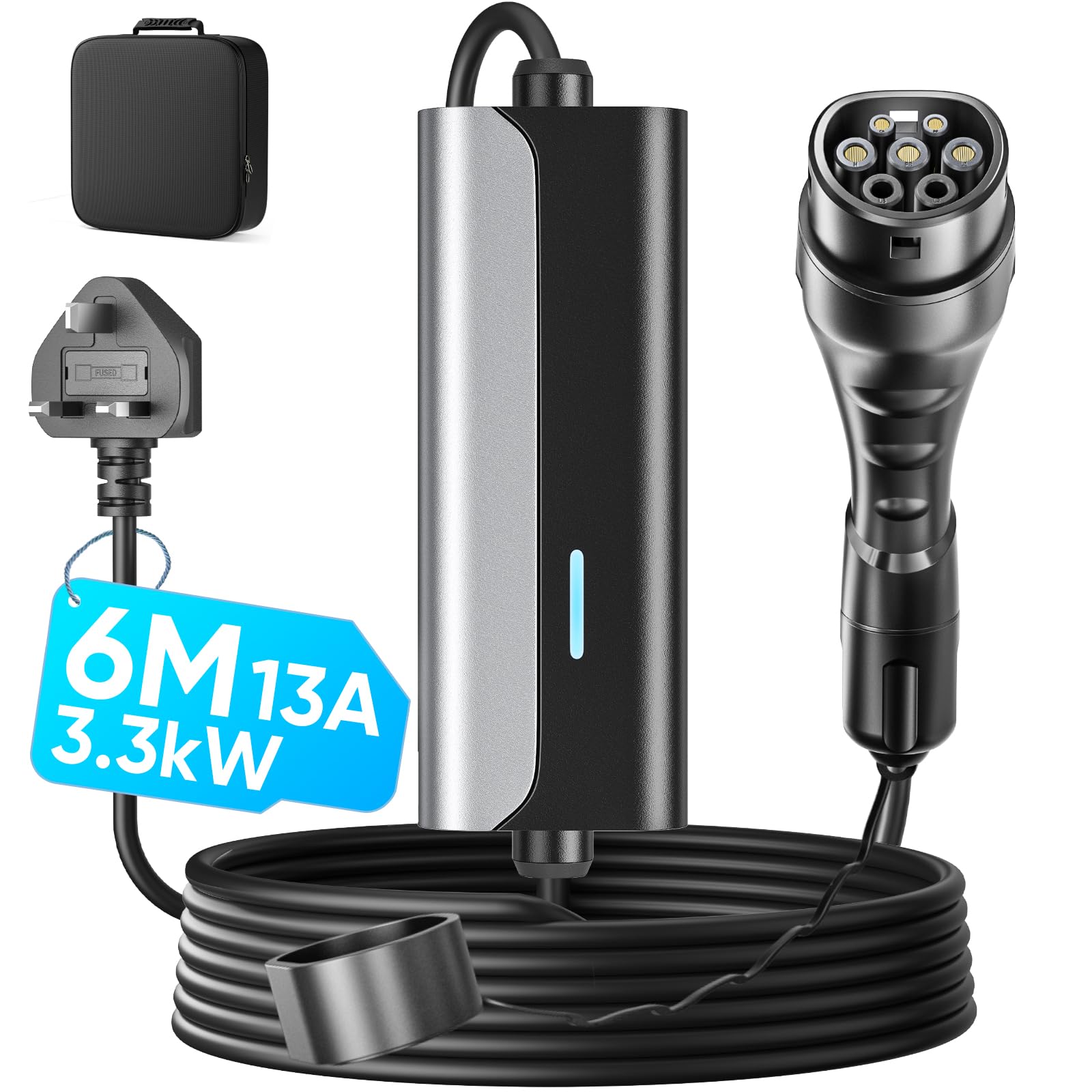 Zyncove EV Charger Cable Type 2 to 3 Pin Plug 6M, 13A Electric Car Charger 3.3kW Portable, IP67/IP54 Waterproof with LED Indicator, Compatible with EVs & PHEVs