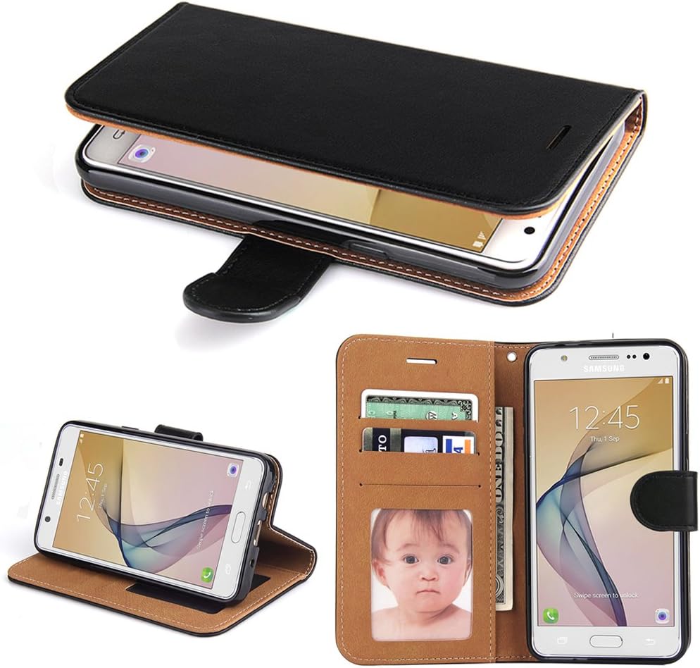 Galaxy J7 Prime Case, SOWOKO Book Style Leather Wallet Case Flip Folio Shockproof Protection Cover with Credit Card Slots and Kickstand for Samsung Galaxy J7 Prime/Galaxy G610F (Black)