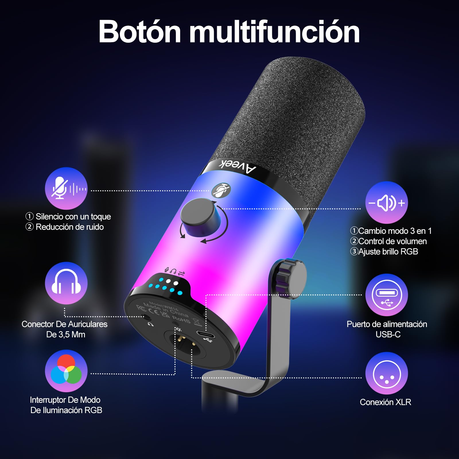 Aveek Micrófono Dinámico USB/XLR con Brazo para Gaming & Streaming | Iluminación RGB, Cancelación de Ruido, Silencio con Un Toque, Monitor Mix y Conector de Auriculares para PC & PS5