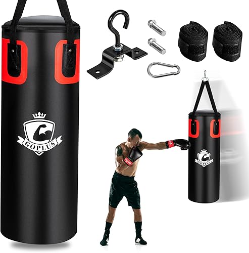 Goplus Saco de boxeo para adultos, juego de bolsa de boxeo colgante pesada de 56 libras con guantes de boxeo de 12 onzas y envolturas de mano, bolsa