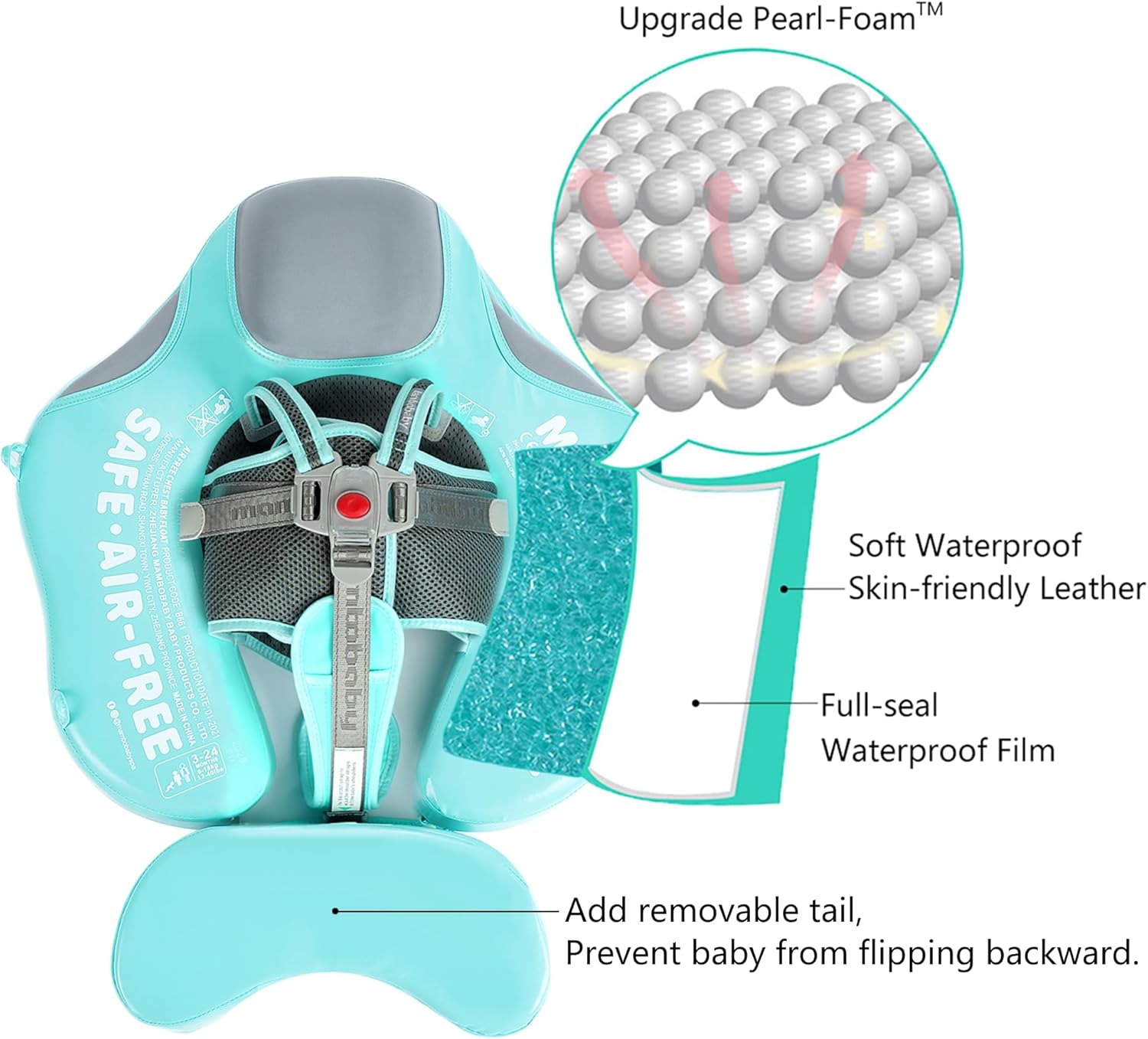 Mambobaby Float Add Tail Baby/Infant Swim Float with Canopy, Non-Inflatable Solid Upgrade Soft Waterproof Skin-Friendly Leather Material