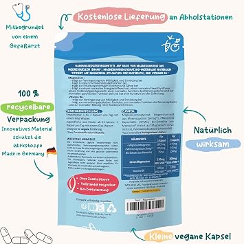 Organic Magnesium Trio Complex: Natural & High Quality 60 Capsules Vegan High Dose for 1-2 Months Magnesium Oxide SiMAG® Bisglycinate & Seaweed Against Fatigue Stress & Muscle Cramps
