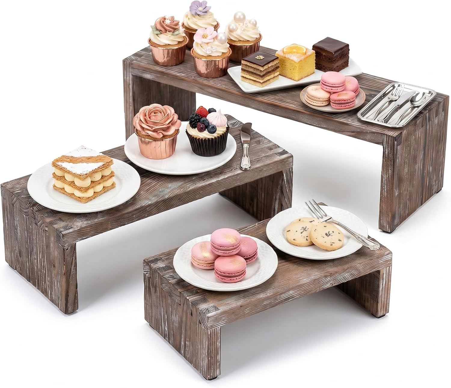MyGift Rustic Brown Wood 3-Tier Collectibles Figurine Display Risers, Dessert Showcase Stands, Set of 3
