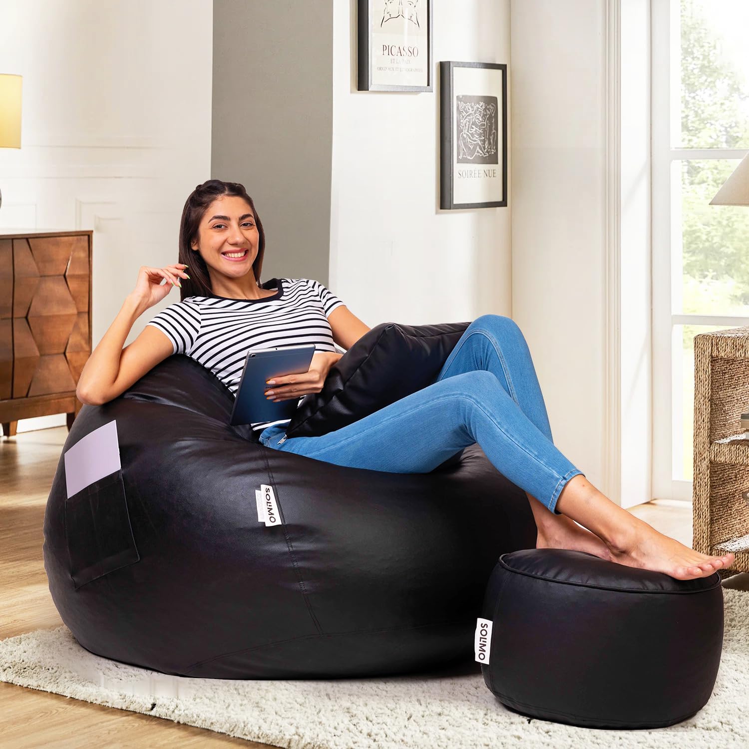 Amazon Brand - Solimo Premium Faux Leather Bean Bag Combo with Footrest & Cushion, Filled with Beans | Multifunctional Pocket| Capacity: Upto 6 Ft 3 in Height, 120 KG Weight | 3XL | Charcoal Black (B0CB663KP7) Amazon Price History, Amazon Price Tracker