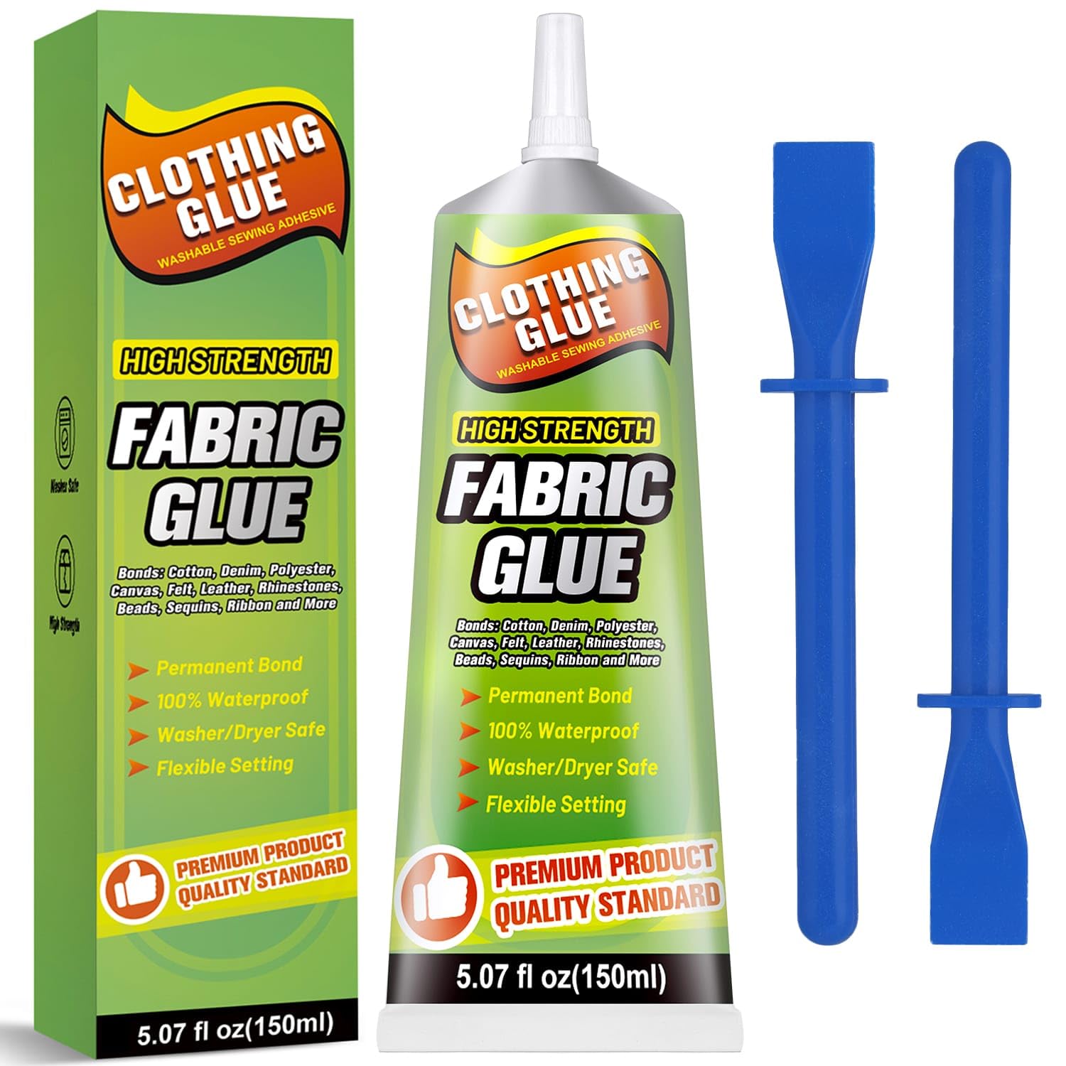 Thrilez Fabric Glue Adhesive, 150ml Permanent Fabric Adhesive Clear Waterproof Clothing Sewing Glue for Rhinestones, Cotton, Patch, Felt, Leather, Polyester and Doll Making Supplies 5oz