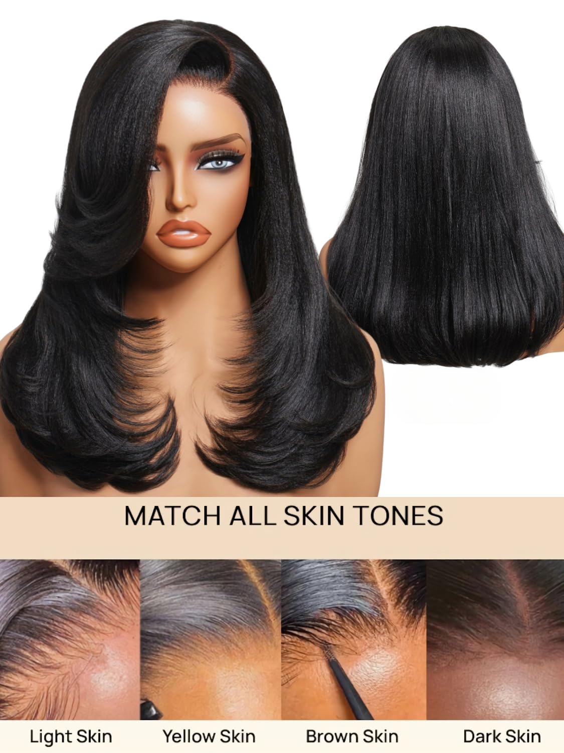 Julia Hair Pre Side-Part Yaki Straight Glueless Drawstring Wig 7x5 Lace Front With Blowout Face-framing Feathered Layers Beginner Friendly Pre Plucked Bleached Natural Look Ready to Go 14 Inch