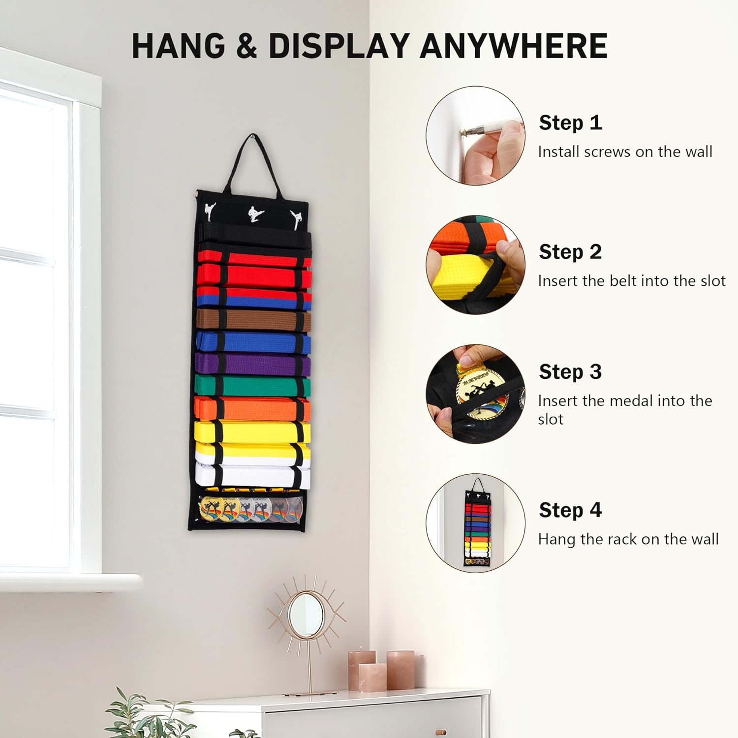 10 Belts Bamboo Karate Belt Display Rack with 12 Belts Karate Belt Display Rack with PVC Medal Storage, Felt Taekwondo Belt Display Holder, Martial Arts Belt Rack Present for Marti