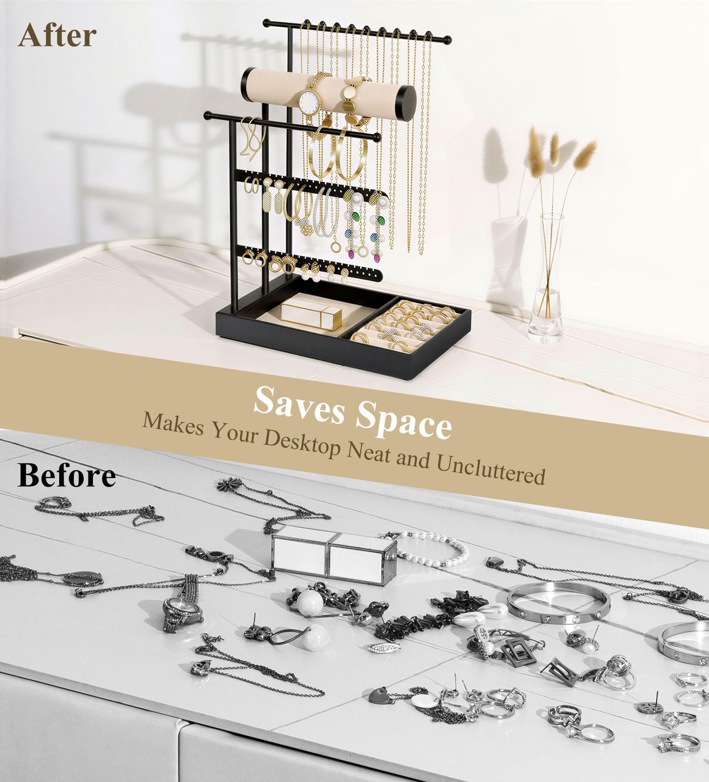 Emibele Necklace Holder, Jewelry Organizer Stand with Velvet Tray, Jewelry Organizer Tower for Earrings, Bracelets and Necklaces, Elegant Necklace Tower Accessory Storage Gifts for Women, Black