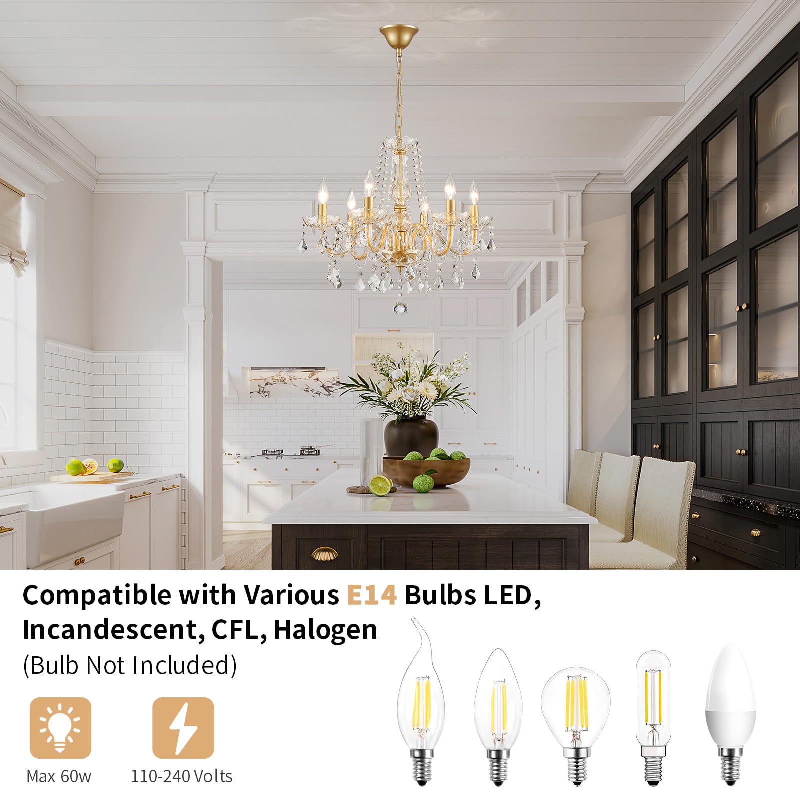 WUZUPS Chandelier à bougie en cristal, suspension, plafonnier encastré, Luminaire moderne pour chambre à coucher, entrée, bar, cuisine, salle de bain, H 68 x L 56, Doré, E14 Base