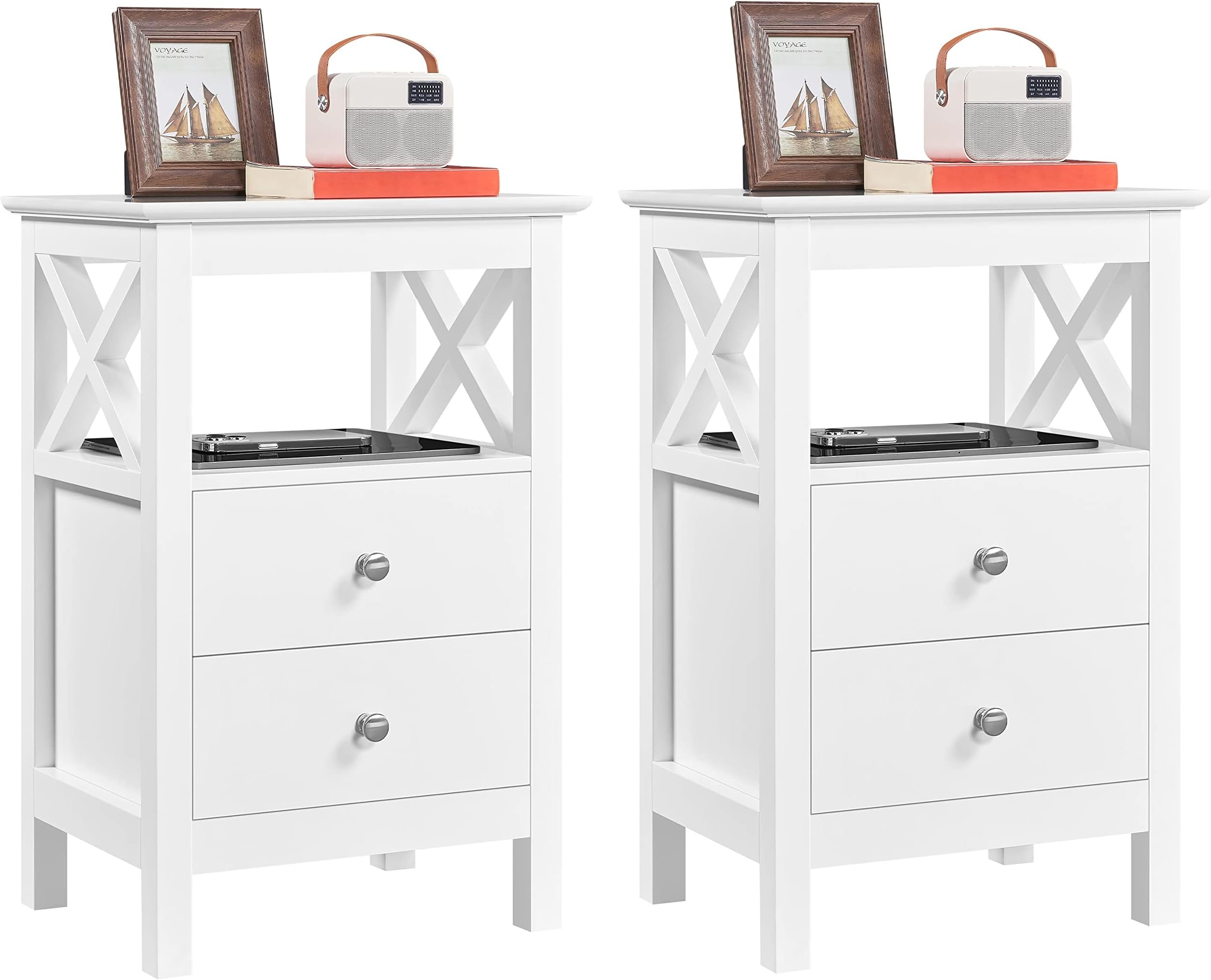 Brooklyn White Bedside Table with 2 drawers and shelf, metal runners