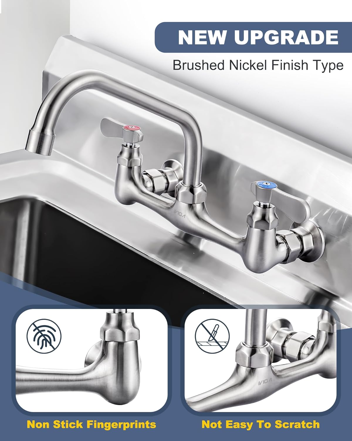 [New Upgrade] Brushed Nickel Commercial Sink Faucet with 8” Swivel Spout, 8" Center Wall Mount Kitchen Faucet, Dual Handles Brass Utility Sink Faucet for Laundry Room Restaurant Compartment Sink