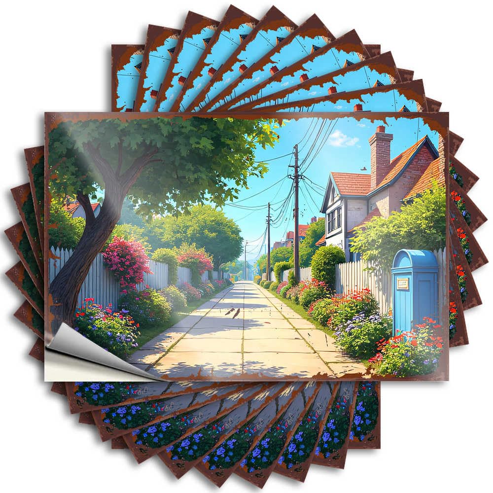 Sunlit Lane: A Serene Neighborhood Garden Scene Roll Great - Funny Sticker Helmet Waterproof Decal(6X9CM)