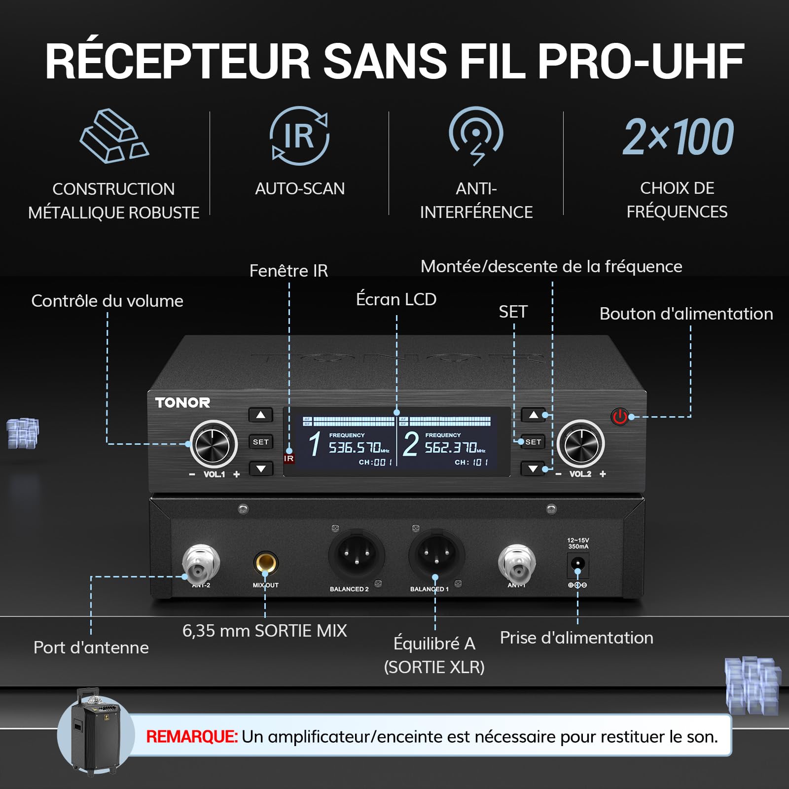 TONOR Micro sans Fil Professionnel, système de Microphone sans Fil Rechargeable, Micro Dynamique en métal 2x100 UHF pour karaoké, église, Chant, Mariage, DJ, Auto Scan, 100M, TW750