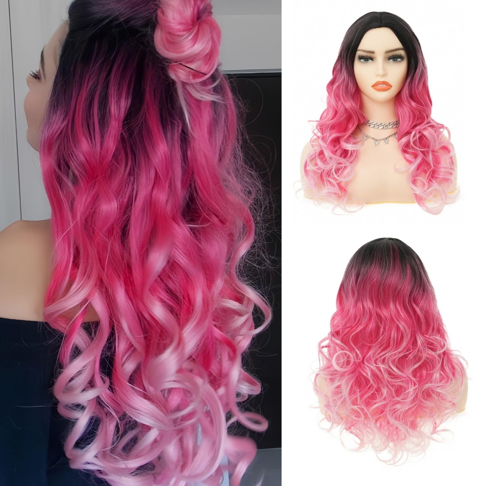 Salaibs Schwarz Rosa Lange Lockige Perücken für Damen Mittlerer Teil Wellige Cosplay Perücke Dunkle Wurzeln Synthetische Natürlich Aussehende Haarperücken für Halloween Kostüm Party Verwendung