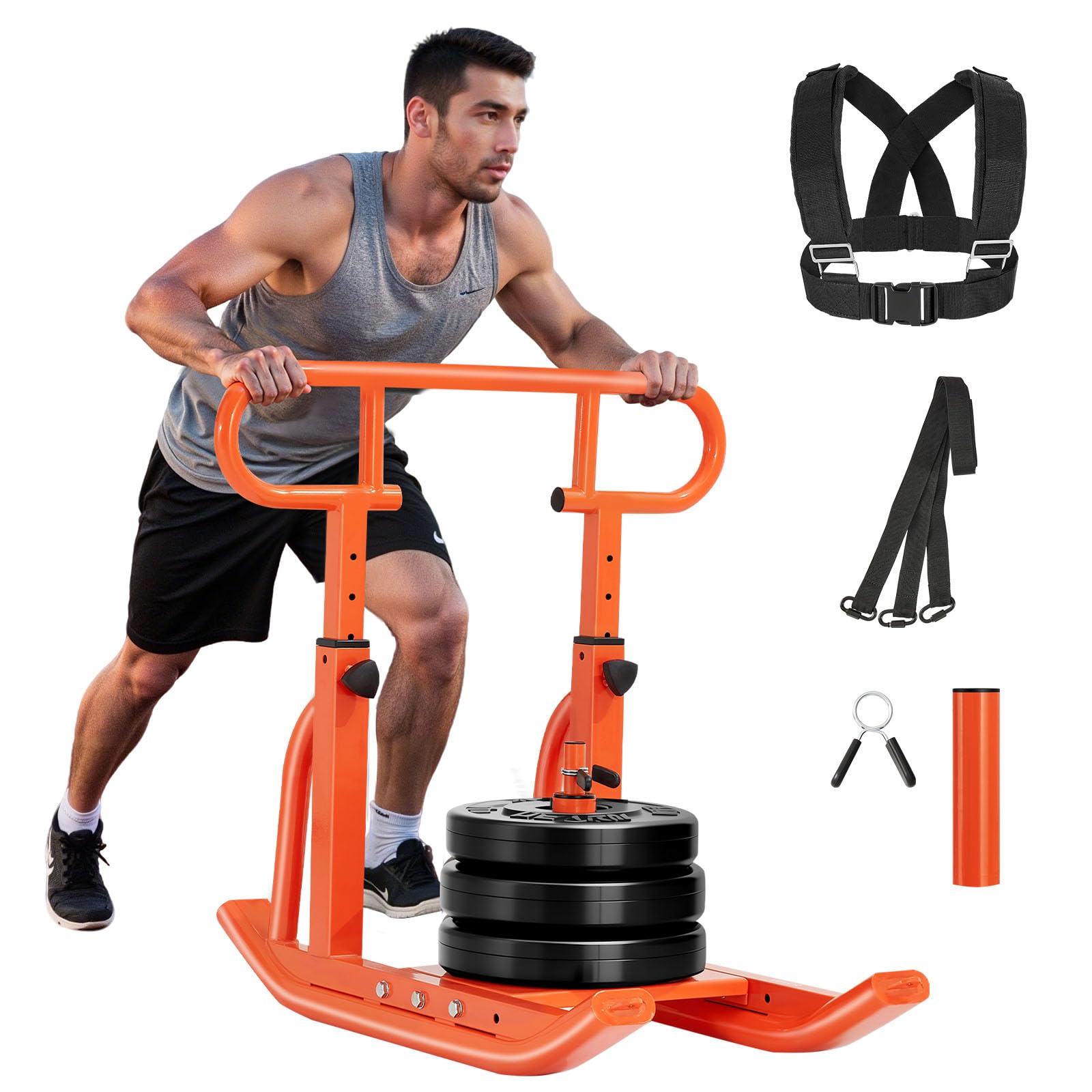 VEVOR Traîneau de Puissance en Acier, Équipement d'Entraînement de Force, Vitesse et Explosivité avec Poignée Réglable en Hauteur, Poussée et Traction, Compatible avec Disques de 2,5 et 5 cm, Orange