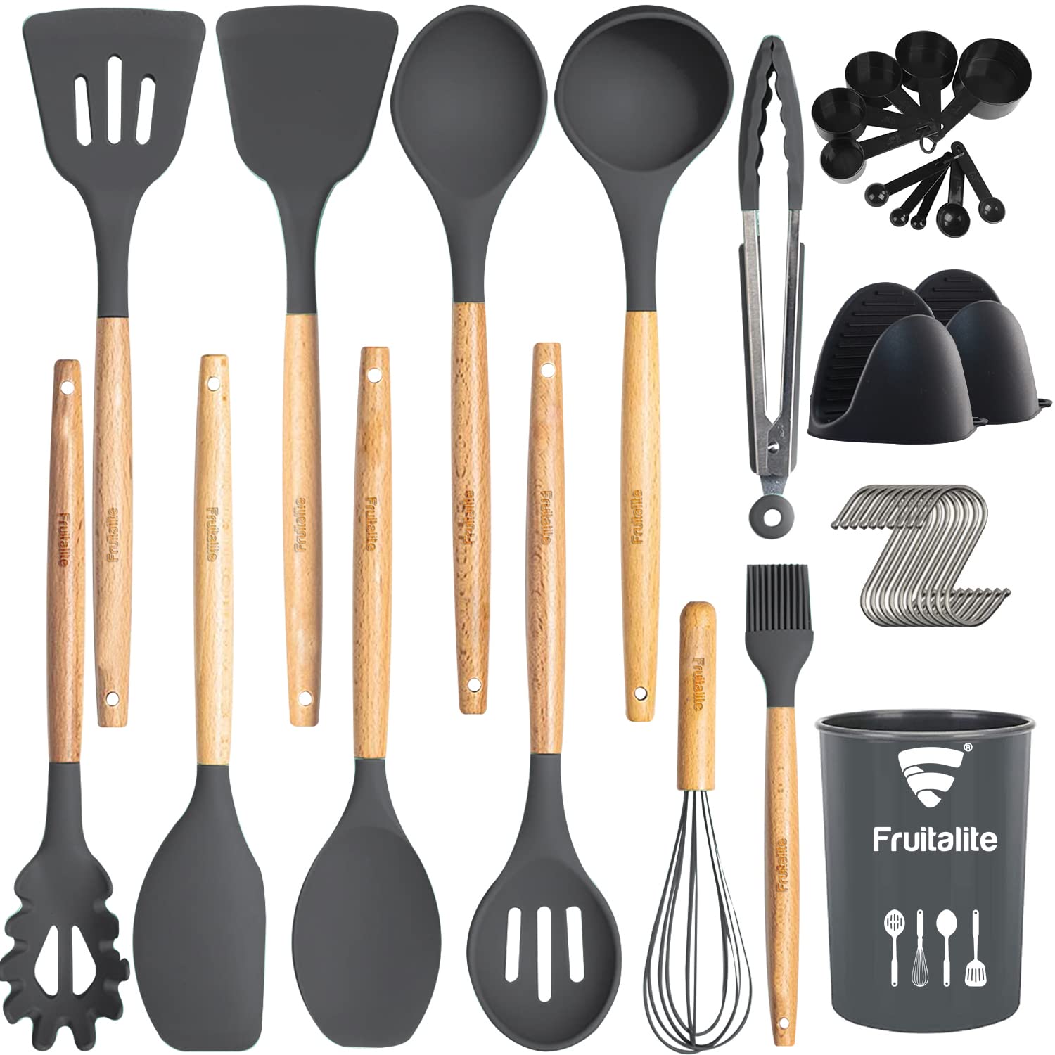 Fruitalite Silicone Kitchen Utensils Spoon Spatula Cooking+Baking Set- 16 Pcs Non-Stick with Wooden Handle-BPA Free,Heat Resistant Item,Flexible Non Toxic Silicon Cookware Tools with Holder- Grey