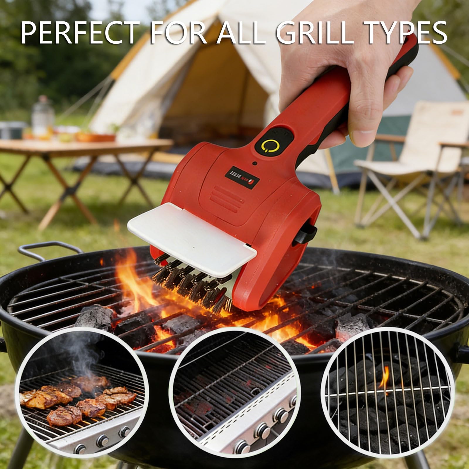 Limpiador de parrillas motorizadas con cerdas de acero inoxidable, cabezal de cepillo apto para lavavajillas, ideal para cocinar al aire libre, barbacoa al aire libre, herramienta de limpieza