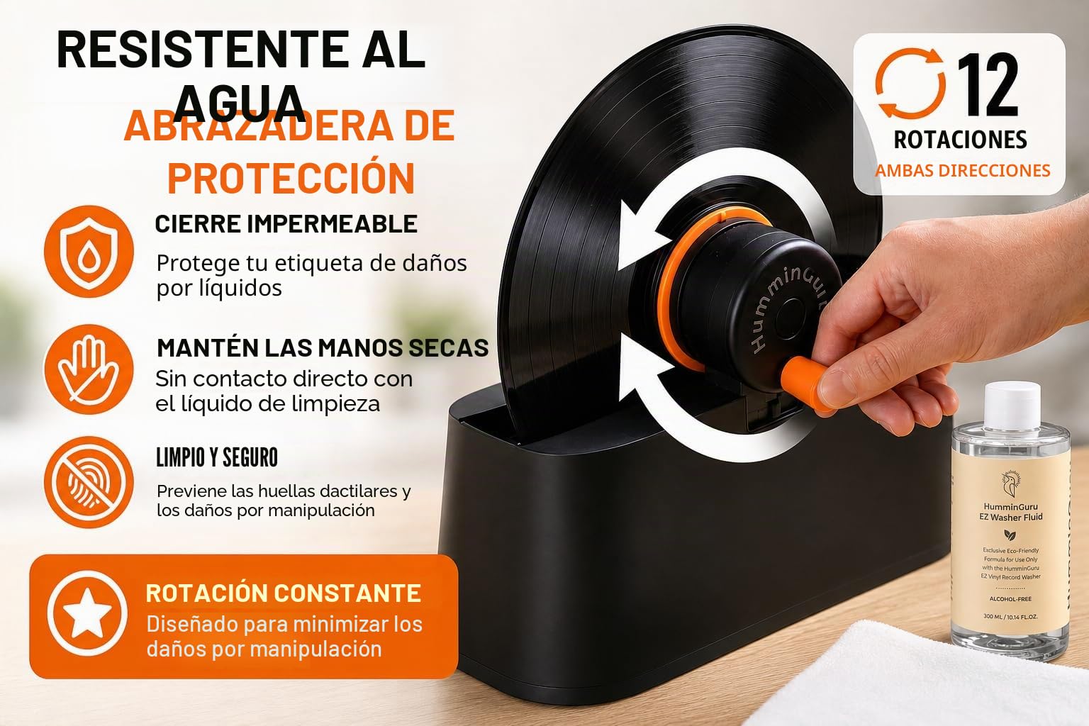 HumminGuru EZ Lavadora de Discos, Máquina Limpiadora Manual de Discos de Vinilo con Rotación LP sin Esfuerzo y Abrazadera segura,Kit de Limpieza de Discos con Cepillos,Líquido,Soporte de Secado & Paño
