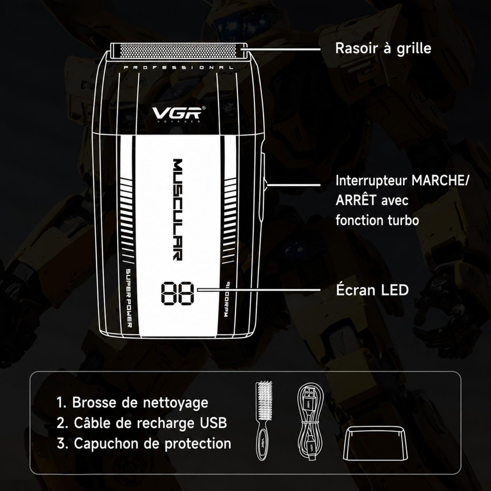 VGR 285S Shaver Homme Sans Fil, Rasoirs à Grille Homme Avec Moteur 9000 RPM