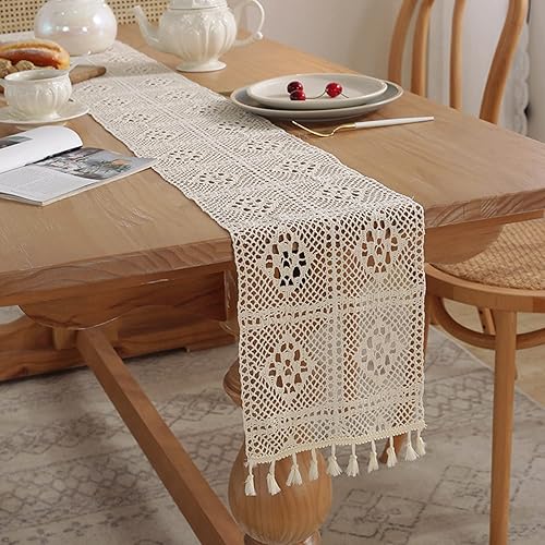 Miniatura 3 de UMILAKE Juego de camino de mesa y manteles individuales, hecho a mano de lino bohemio con borlas de ganchillo, bohemio, decoración del hogar para