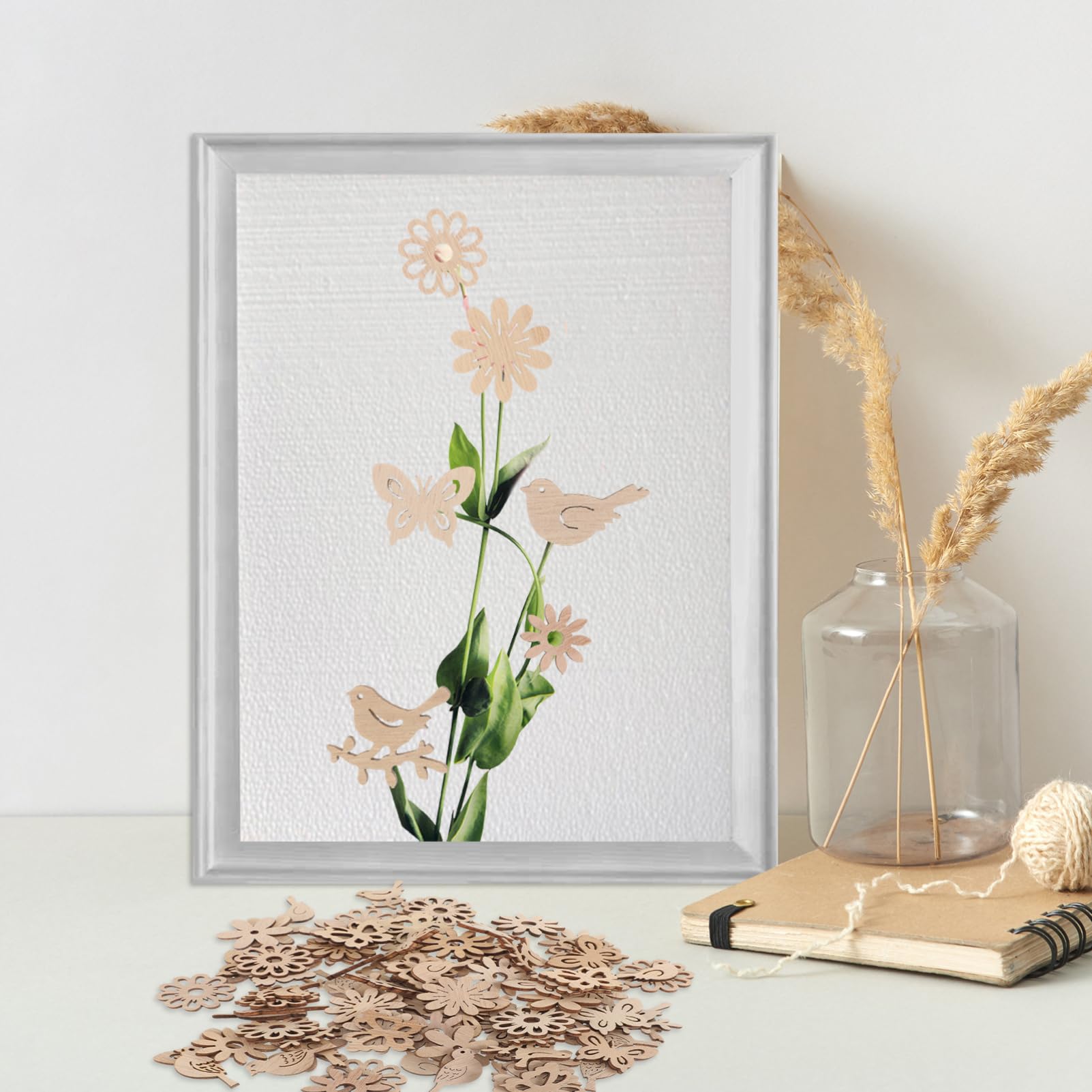 STOBOK 1000piezas Decoraciones De Madera Para Manualidades De Flores y Pájaros De Madera Natural Para