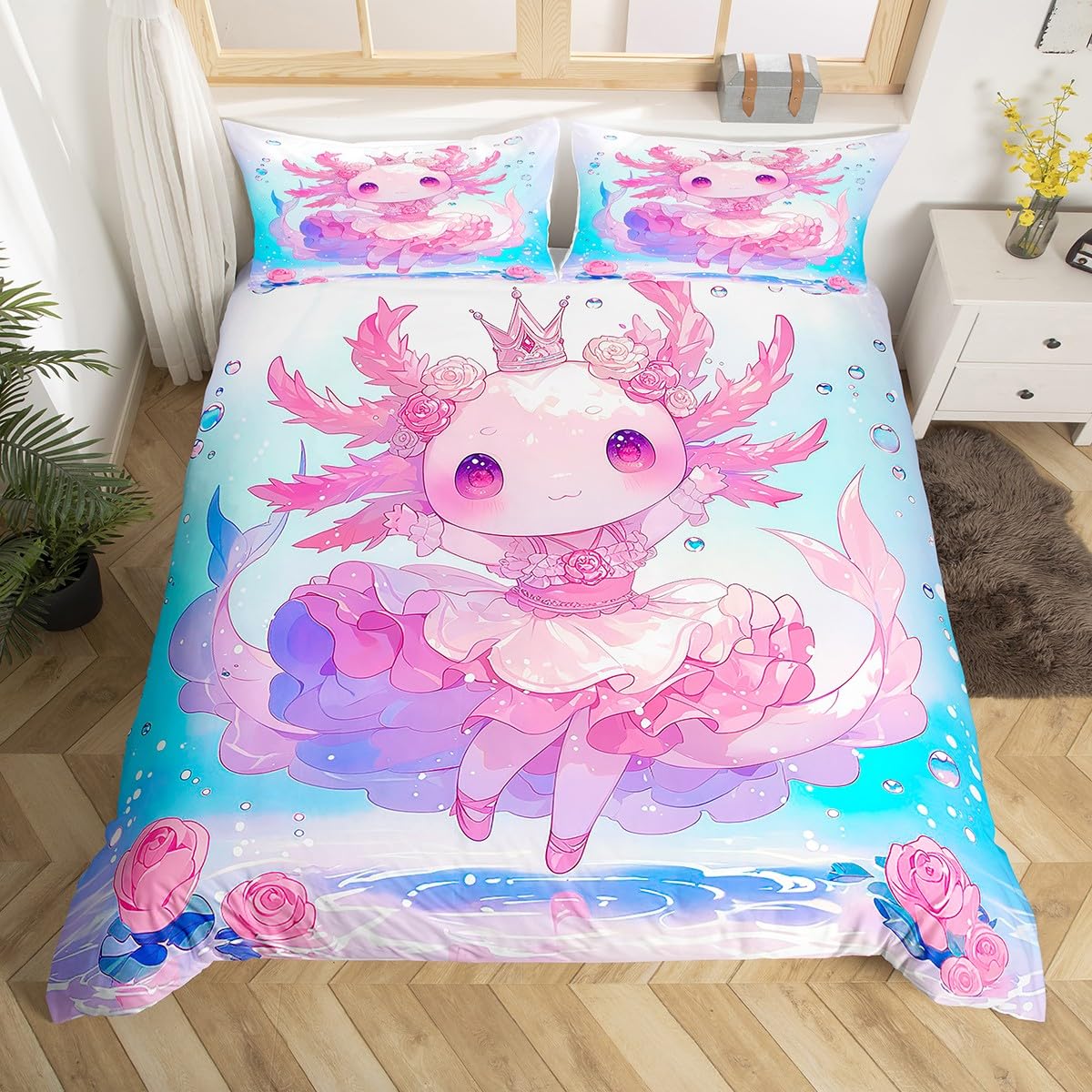 Homewish Nette Rosen Axolotl Bettwäsche Set für Mädchen,Rosa Axolotl Kawaii Tröster Bezug 135x200,Wildtiere Bettbezug Traumprinzessin Sealife Bettbezug