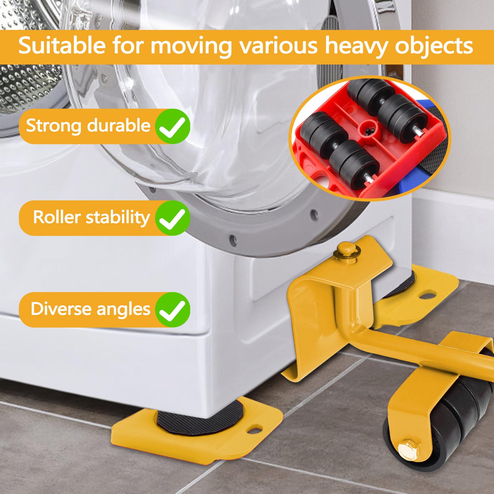 Huakaile Set di attrezzi per sollevamento mobili resistente, capacità di carico 599,6 kg, con pallet per ruote, carrello regolabile per tavoli, frigoriferi, pavimenti, armadietti (giallo)