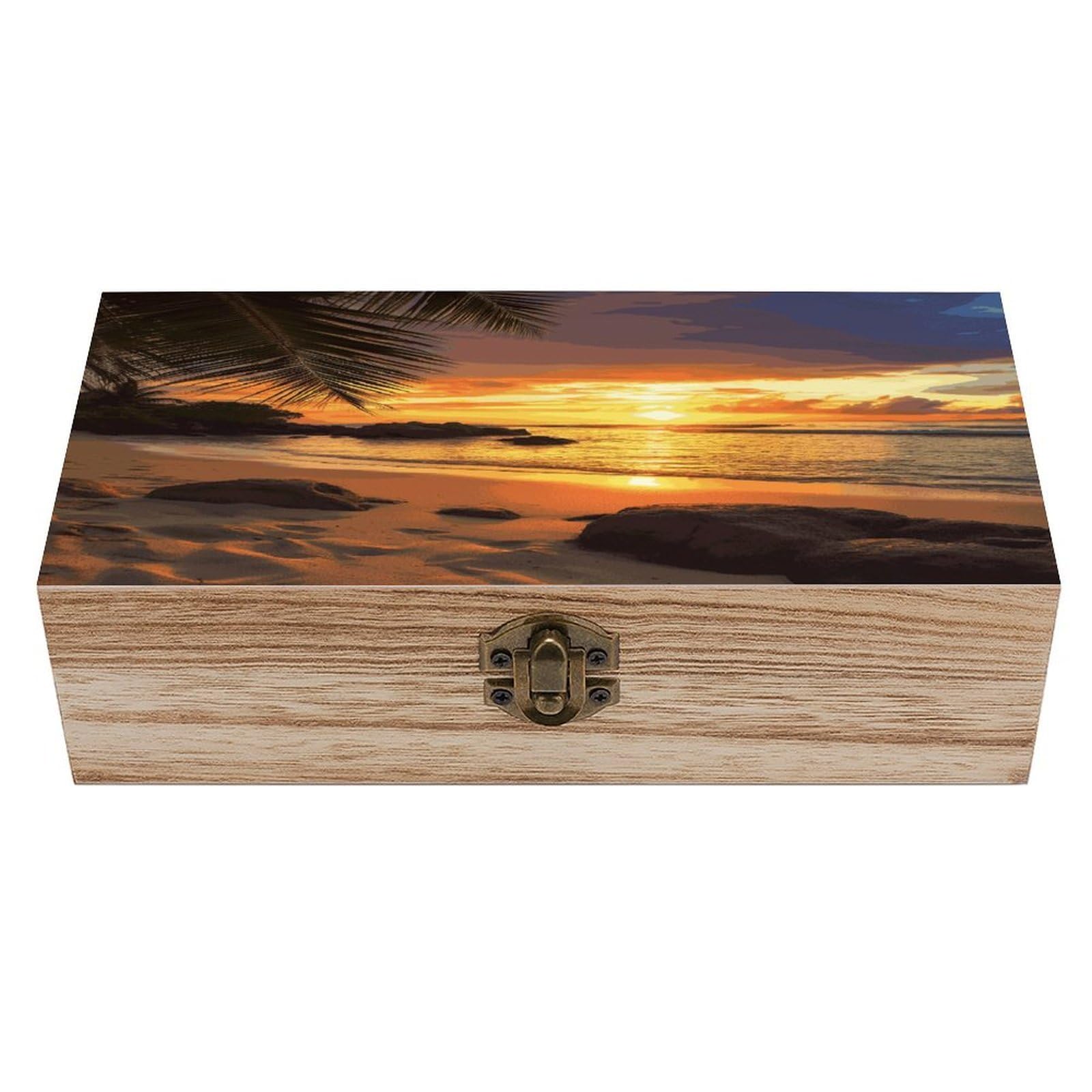 VstaDank Tropical Beach Coastal Sunset Wooden Keepsake Box with Hinged Lid Solid Wood Gift Boxes Beautifully Keepsake Box Jewellery Organiser Retro Memory Treasure Case with Lids Decorative Boxes