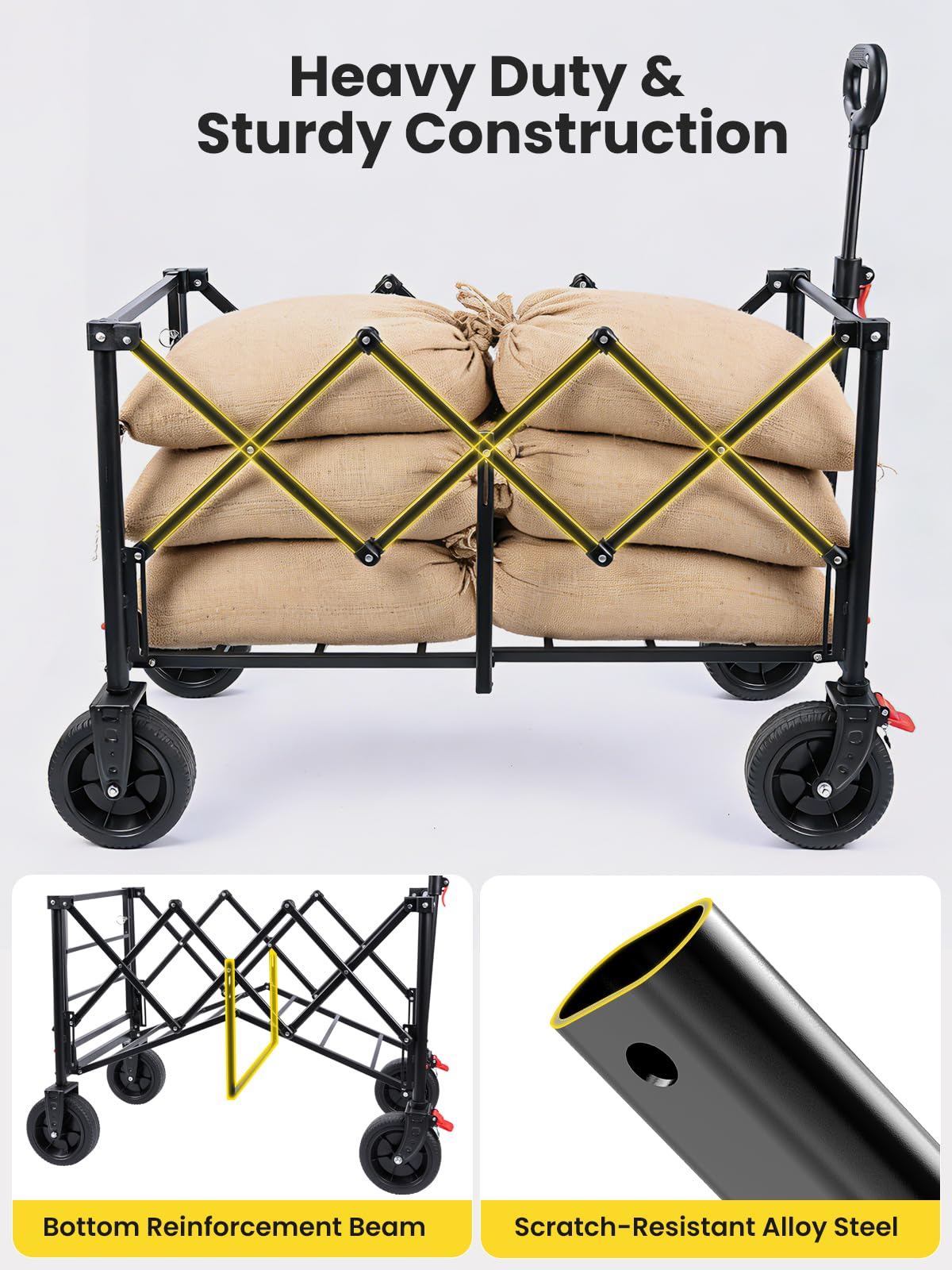 YEAUPE PRO Carrello Spiaggia, Carrello Pieghevole con Ruote – Doppi freni ant., ruote grandi, manico reg., post. aprib. oggetti lunghi – per campeggio/spiaggia, 160-240L, Nero Lucido