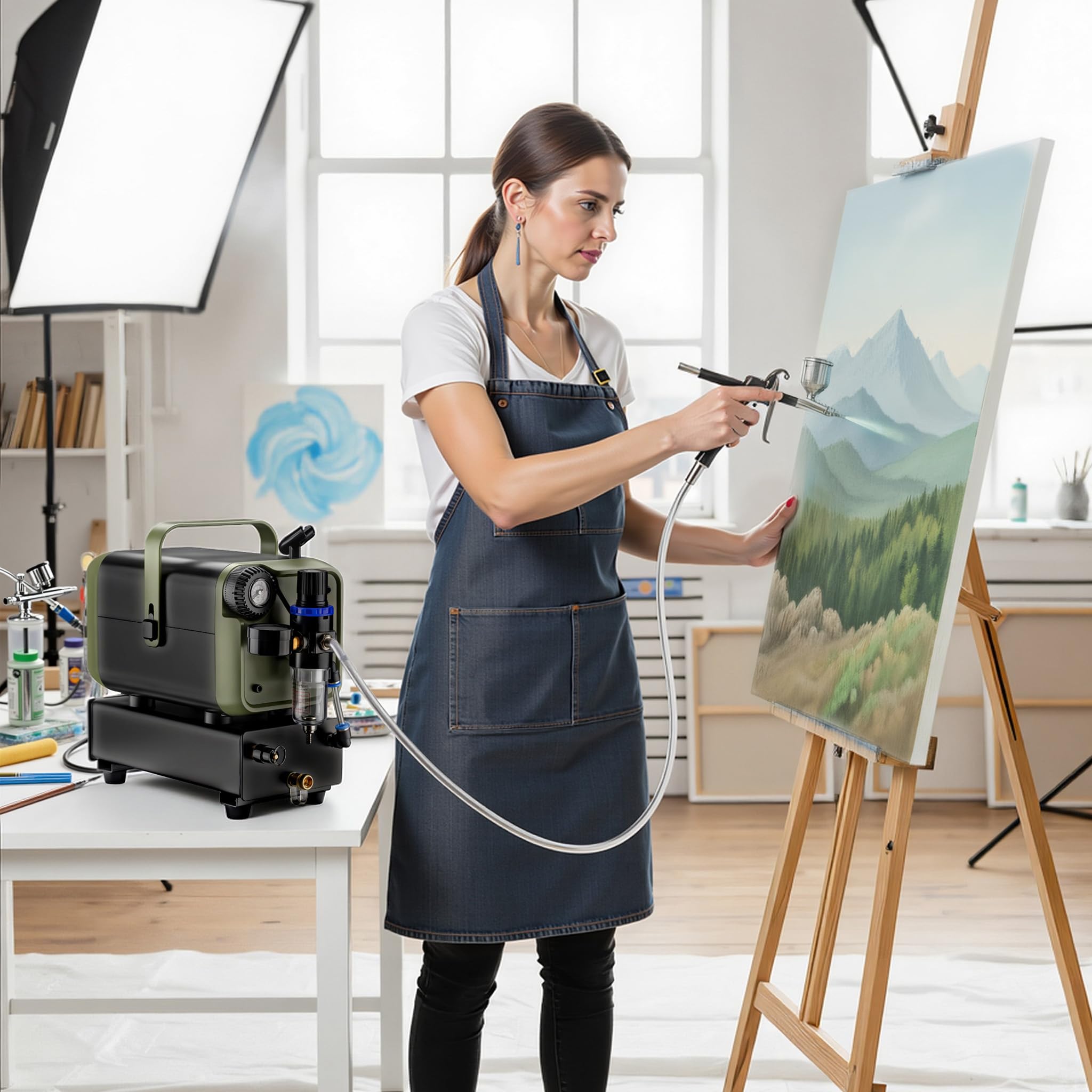 Wiltec Compresseur Airbrush HS-679F 1/6 CV, compresseur à air comprimé 28 l/min d'alimentation, compresseur pour pistolet aérographe avec support, compresseur d'air avec manomètre pour aérographie