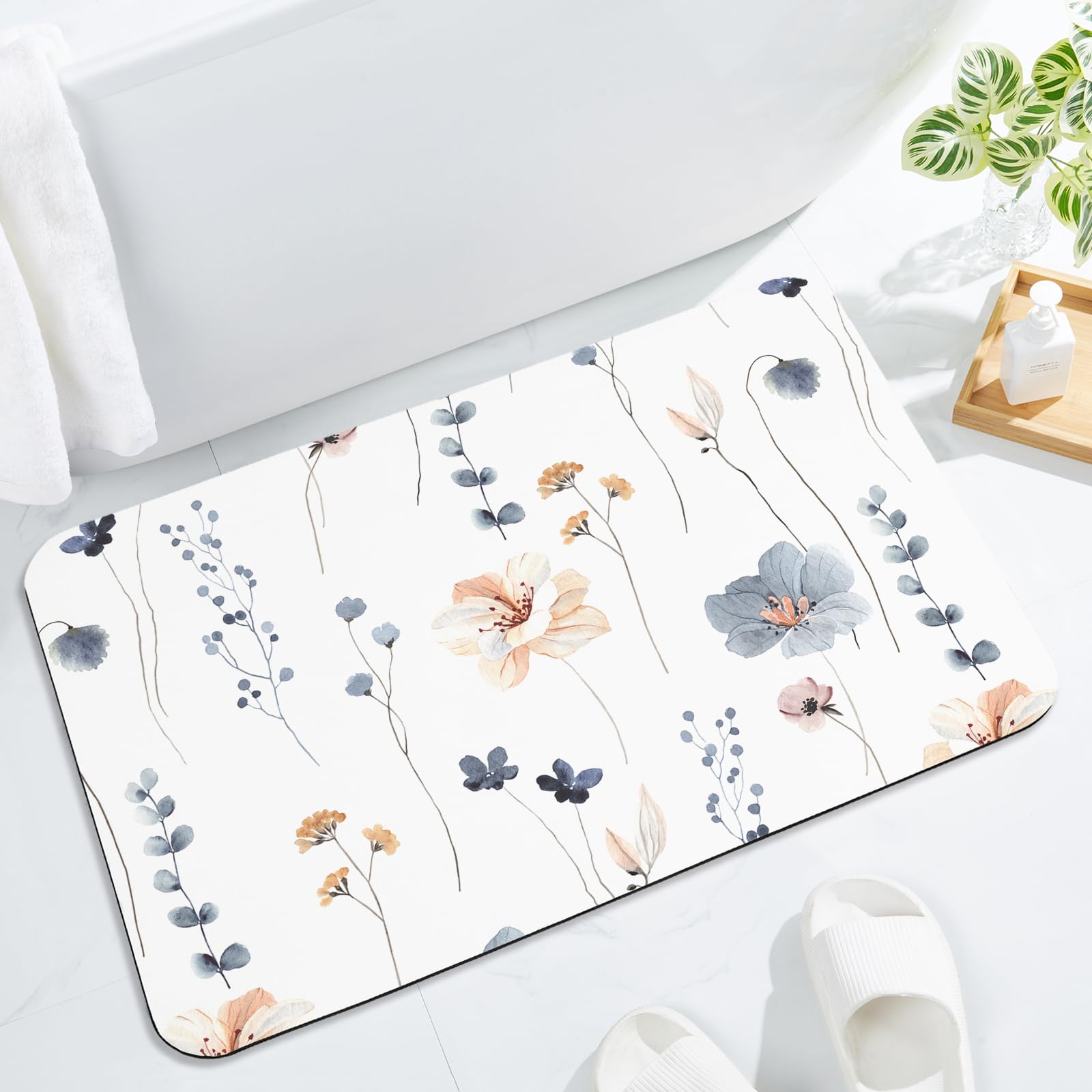 Gibelle Floral Bath Mat Rug Super Absorbent Quick Dry Thin Bathroom Rugs Fit Under Door Cute Flower Non Slip Rubber Backed Bathroom Floor Mat for in