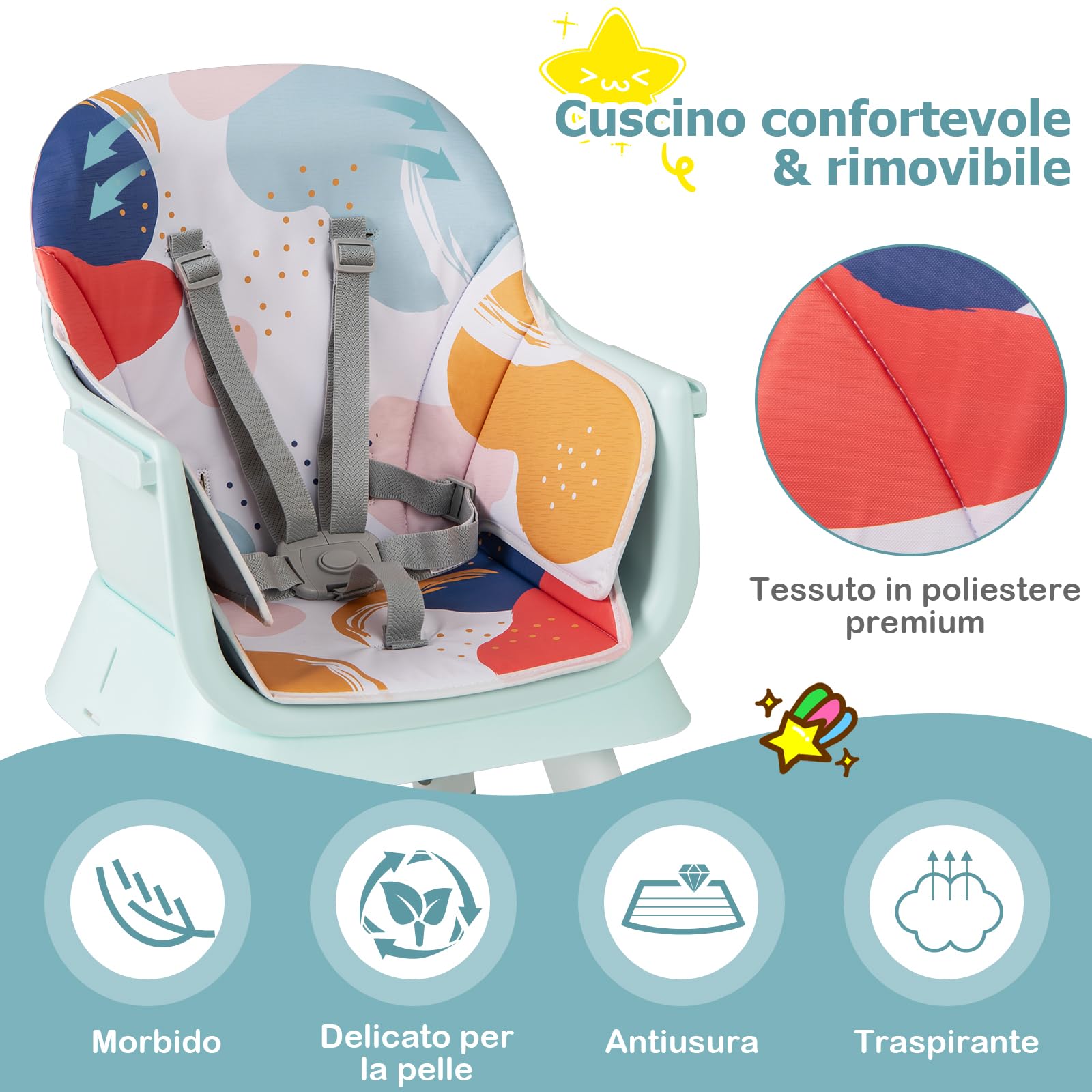 RELAX4LIFE 6 en 1 Trona Bebé con Arnes de 5 Puntos y Cojín Desmontables, Tronas de Bebe Portátil con Bandeja Ajustable y Extraíble, Mesa y Silla Infantil para Niños 6+ Meses, Carga 25kg (Turquesa)
