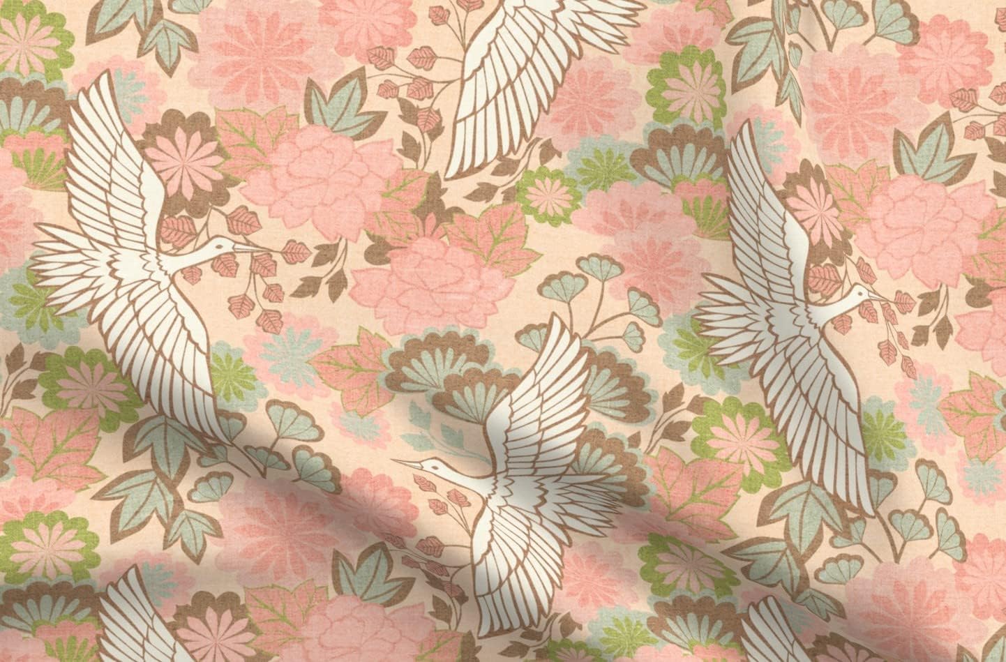 Spoonflower Fabric - Cranes Spring Medium Asian Chinese Japanese Peonies Printed on Chiffon Fabric Fat Quarter - Sewing Fashion Apparel Dresses Home Decor