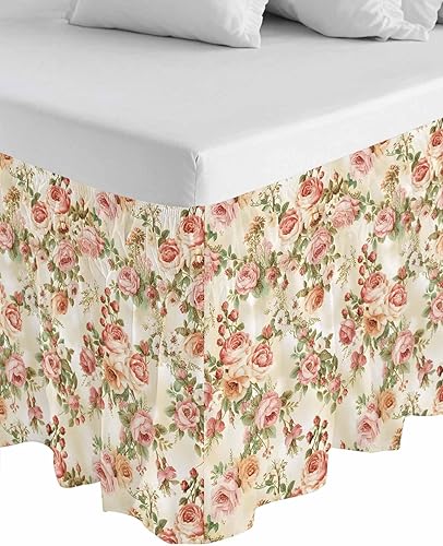 Miniatura 8 de Falda de cama clásica de flores, tamaño California King, caída de 18 pulgadas, ajustable y elástica, faldas de cama plisadas de lujo con volantes