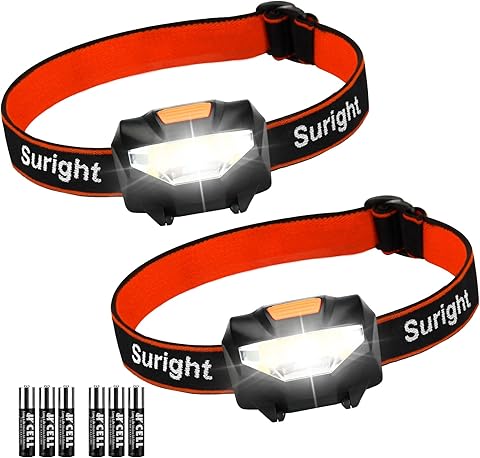 Suright Linterna Frontale, 2 Piezas Linterna Cabeza con 3 Modos de Iluminación y 60° Ajustable Ángulo, Lampára de Cabeza Impermeable con 6 Pilas AAA para Correr, Acampar, Cenderismo, Pesca, Ciclismo