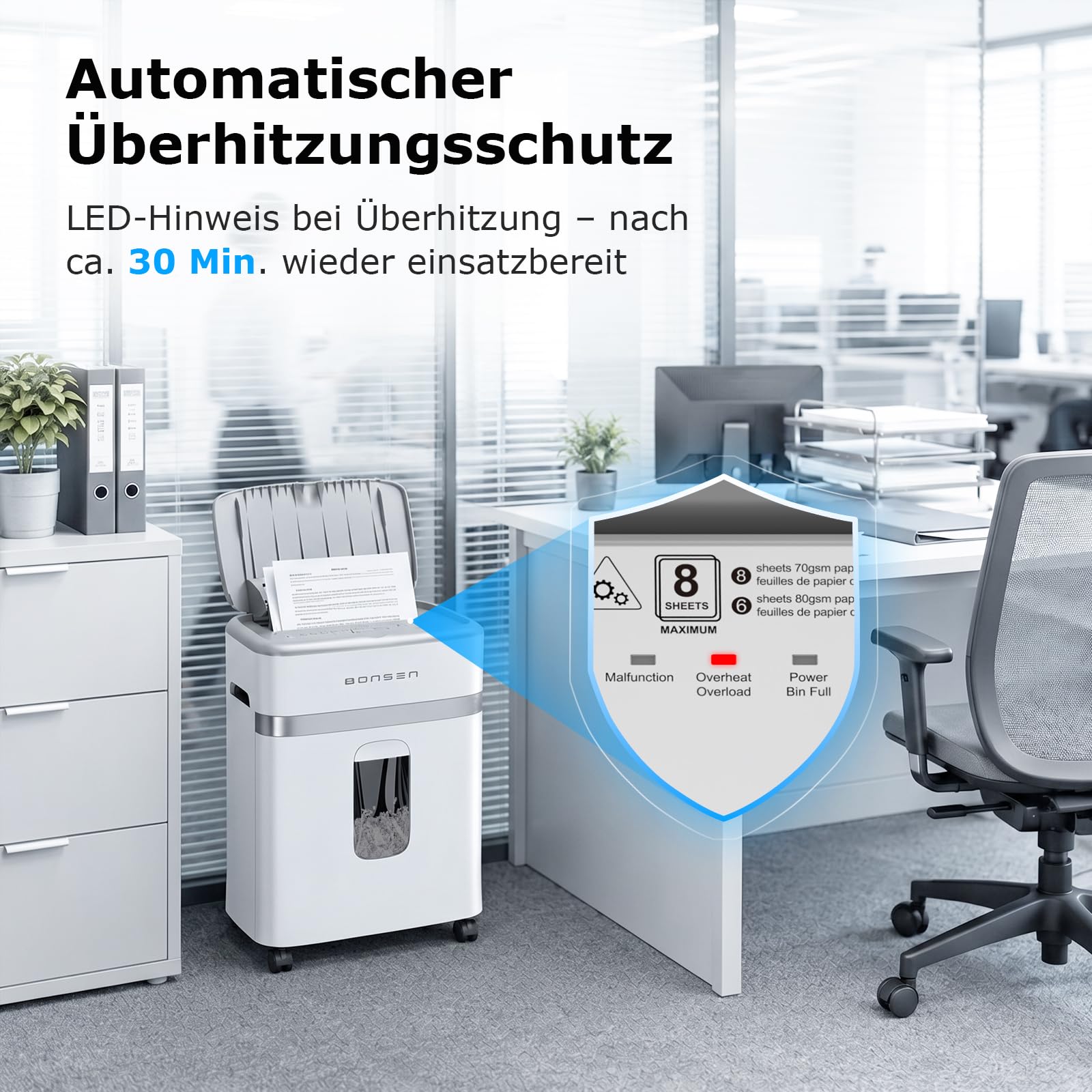 BONSEN Aktenvernichter mit 100 Blatt Auto-Feed, P-4 Mikroschnitt Schredder | leiser ≤60dB mit 30 Min. Dauerbetrieb für Büro und Homeoffice, S9201