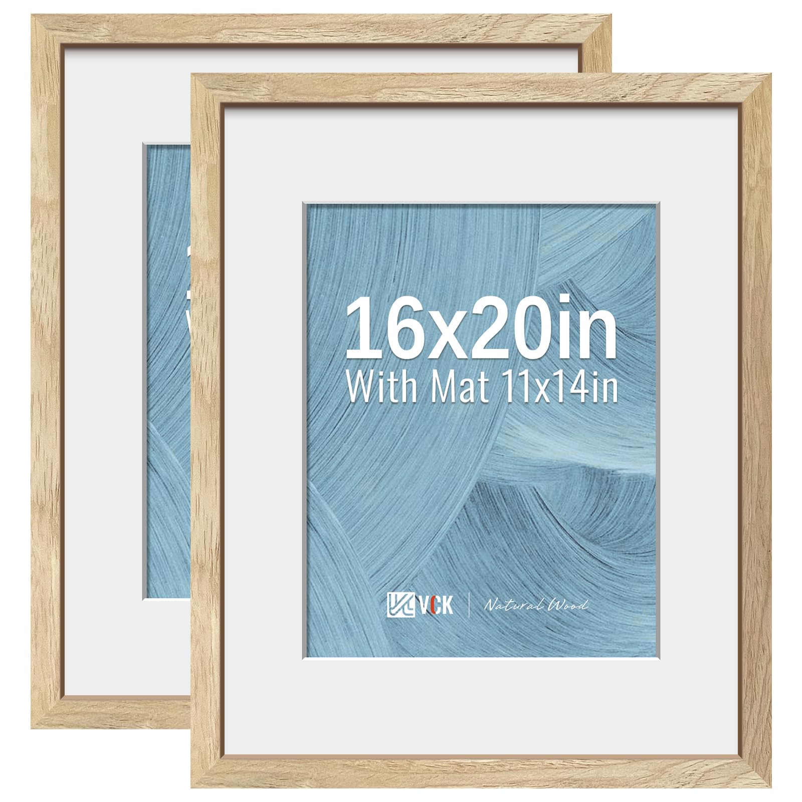 VCK 16x20 inches Picture Frame 2 Pack - Natural Wood Grain, High-End Wood Poster Frames with Tempered Glass, Display 11x14 Photo with Mat or 16x20 without Mat, Art Gallery-Quality, Wall Hanging, Natural