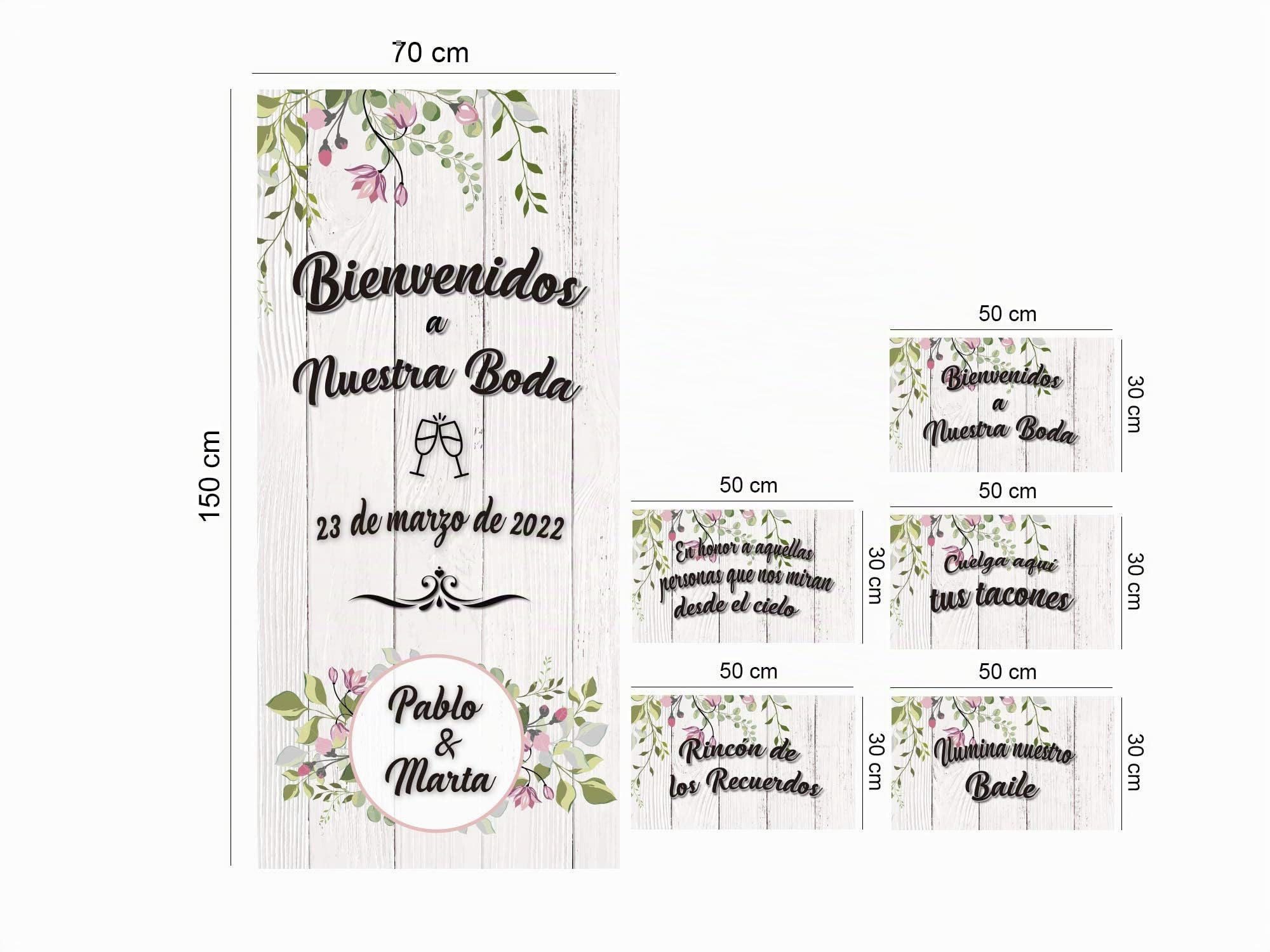 Oedim Photocall Boda Personalizado en Lona + 5 Carteles en Cartón Bienvenidos a Nuestra Boda | Varias Carteles | Photocall Personalizado Económico y Original |