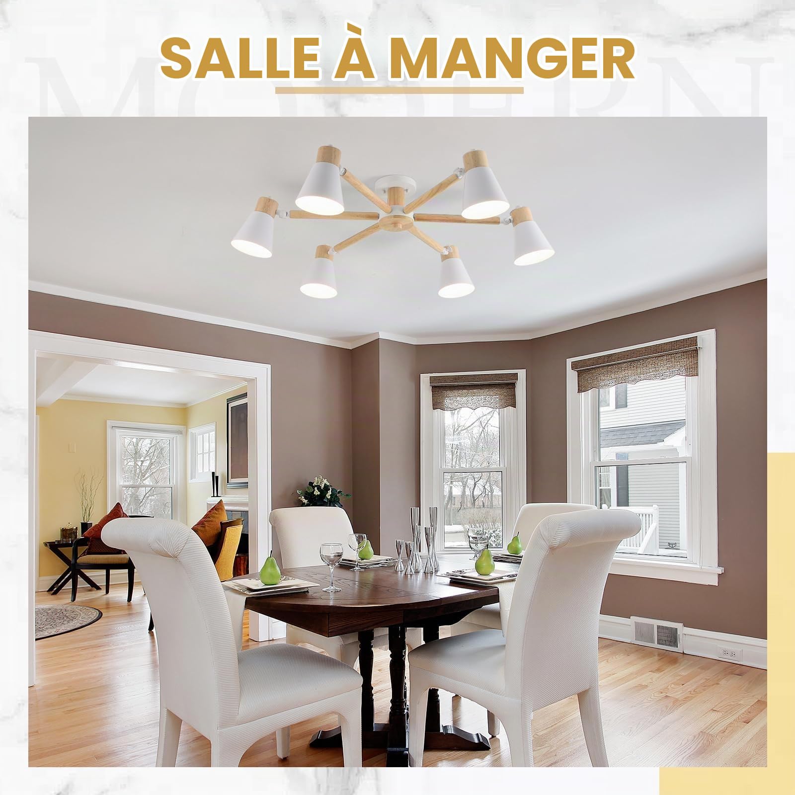 Blanc Plafonnier Cuisine 6 LumièRes,Bois Et Fer Luminaires IntéRieur Lampe À Bras LéGer RéGlable Lustre Salon E27 Ø82Cm Moderne Abat Jour Plafond Pour Chambre Maison
