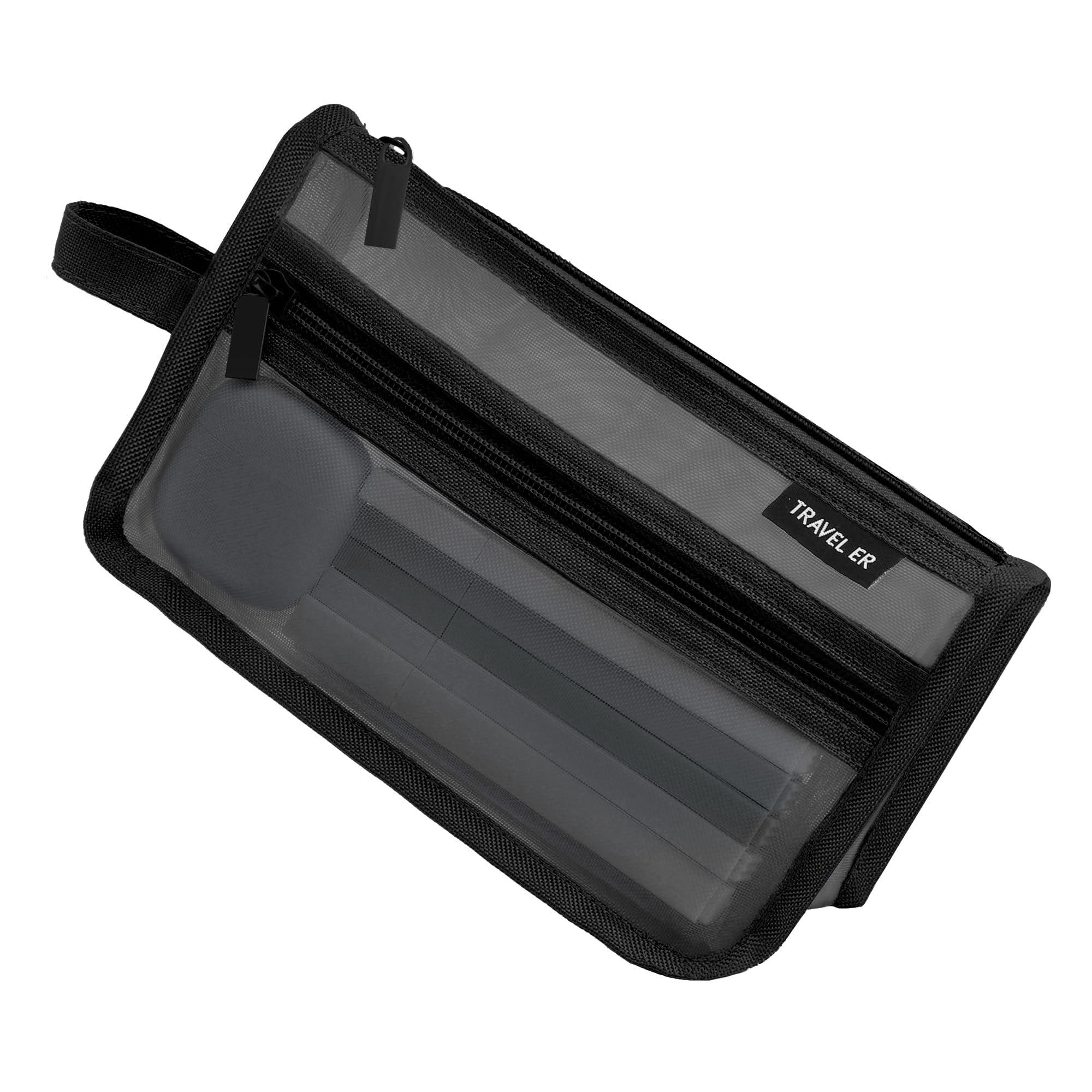 Pencil Case, Grid Mesh Pencil Pouch, Large Capacity Black Pencil Bag, Clear Pencil Case with Handle and Zipper, 2-Layer Pen Case Aesthic Stationary Organizer Bag for Office Back to School Supplies