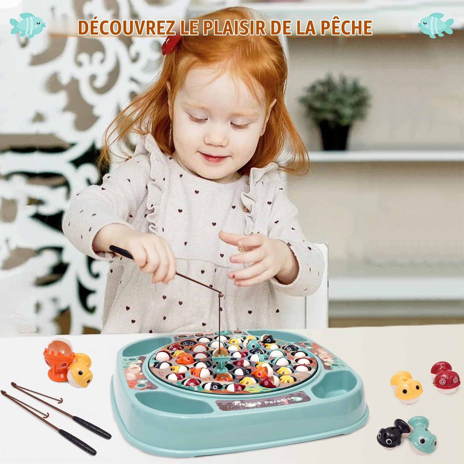 Jeu De Pêche Musical Rotatif – 45 Poissons, 4 Cannes