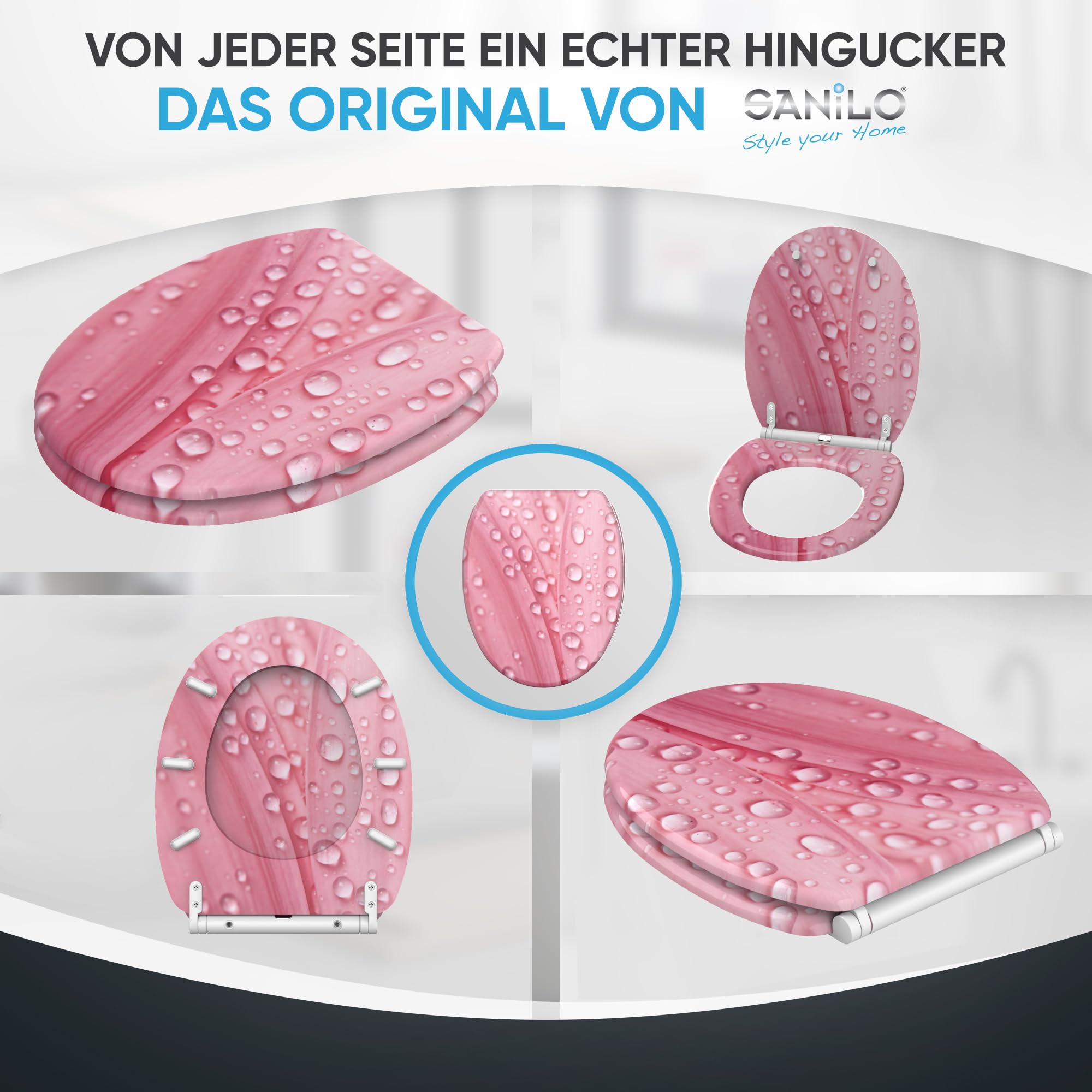 Sanilo WC Sitz mit Absenkautomatik & Quick-Release aus Holz, Pink Flower