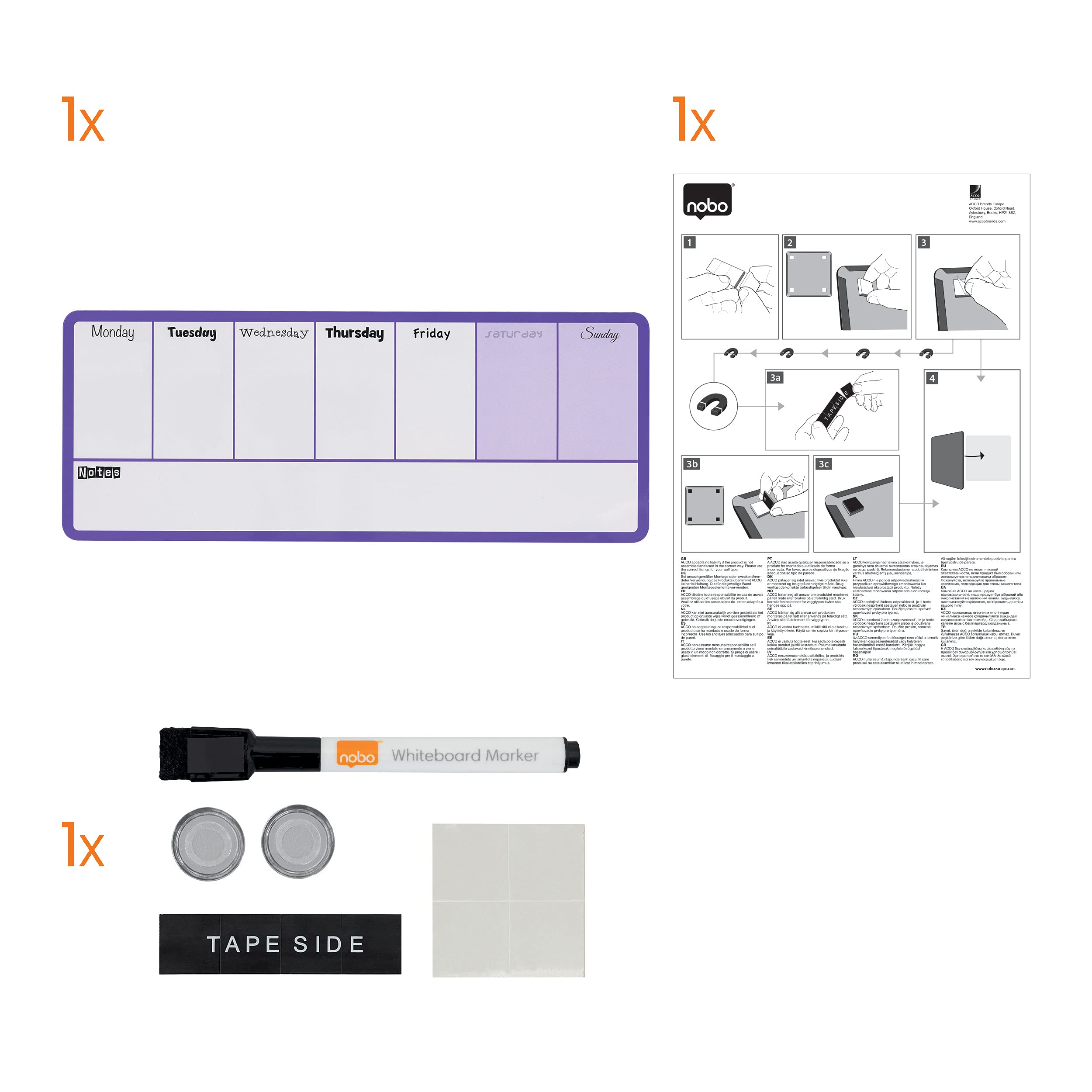Rexel Weekly Organiser Dry Wipe Personal Whiteboard, Magnetic, 360 x 140 mm, Purple Plastic Frame, Includes Marker and Fitting Kit, White, 1904048