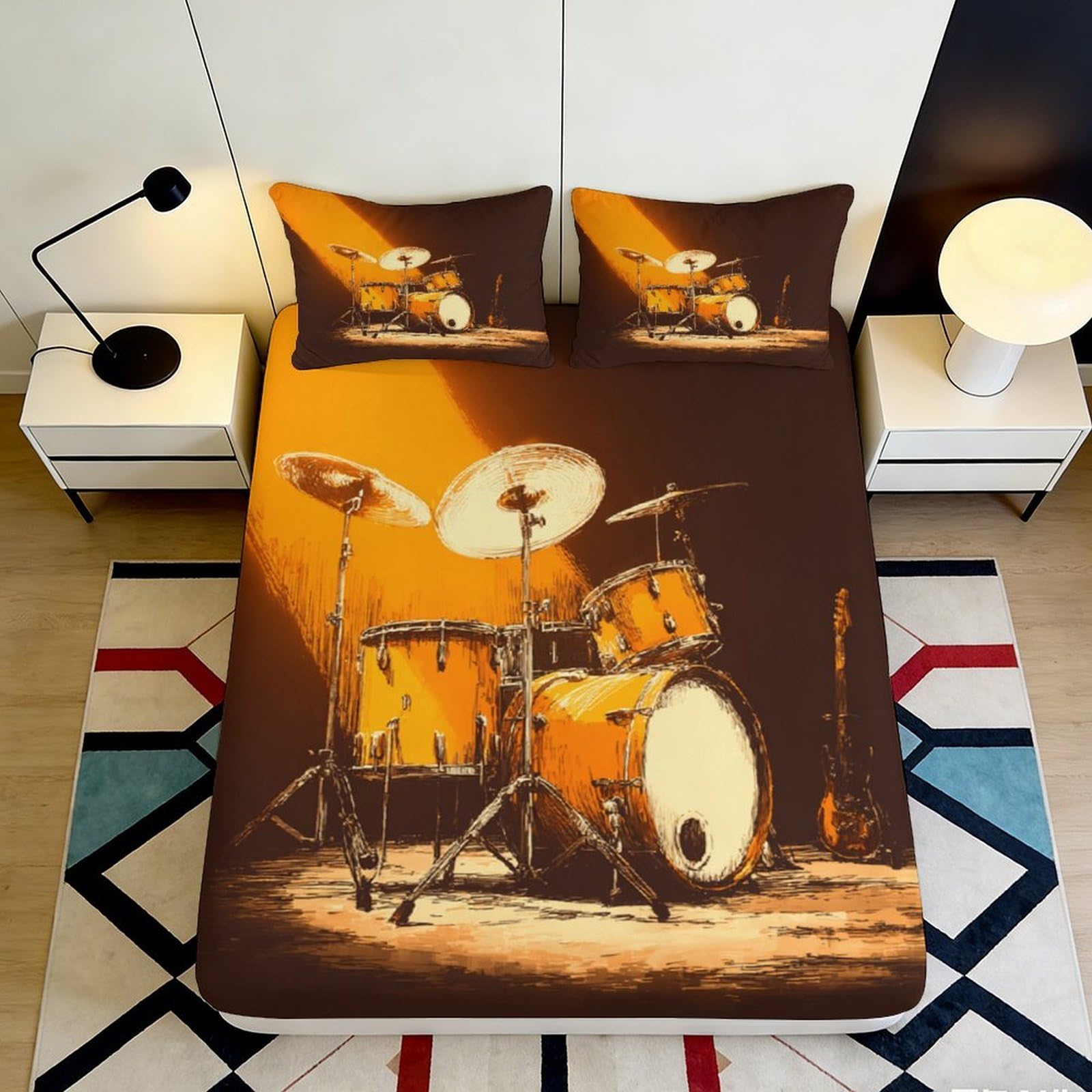 3D Printed Drum Set Fitted Sheet Microfiber Soft Breathable Musical Instrument Bed Cover for Bedroom Dormitory Guest Room Mattress Protection 200x200x25cm