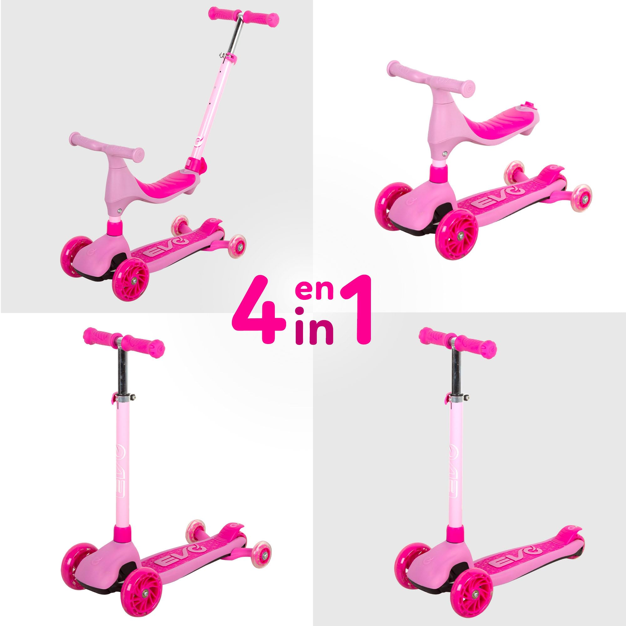 COLORBABY EVO Patinete Infantil 4 en 1, Rosa, Triciclo Bebé, Correpasillos, Manillar Regulable, Freno Trasero