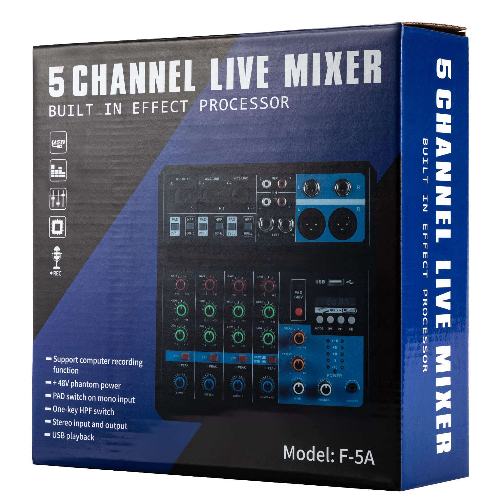 Mini console di miscelazione stereo a 5 canali, mixer con USB Bluetooth e 48 V Phantom Power, DJ Live Audio Mixer con effetto hall per karaoke Stage, Home KTV, studi di registrazione, streaming live