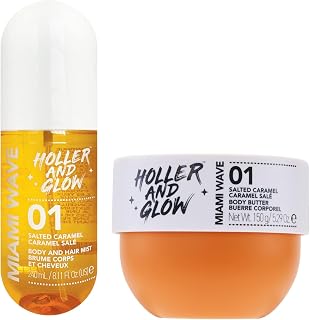 Bundle of Holler And Glow Miami Wave Salted Caramel Body & Hair Mist + Body Butter, Body Spray, Hair Perfume, Sweet Coconut, Vanilla Scented, Moisturizing, Nourishing, Shea Butter, 2 Piece Set