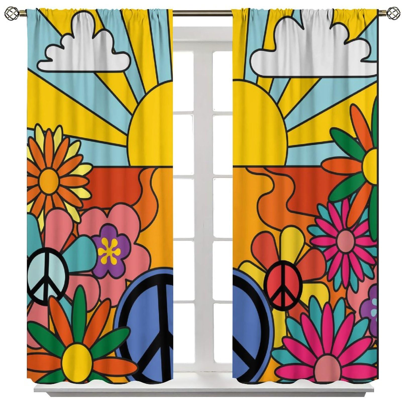 Retro Blackout Curtains for Kids Women Bedroom, Hippie Landscape Flowers, Clouds, Sun and Rainbow Vintage 70s Style Print Living Bedroom Window Drapes 42x45 Inch