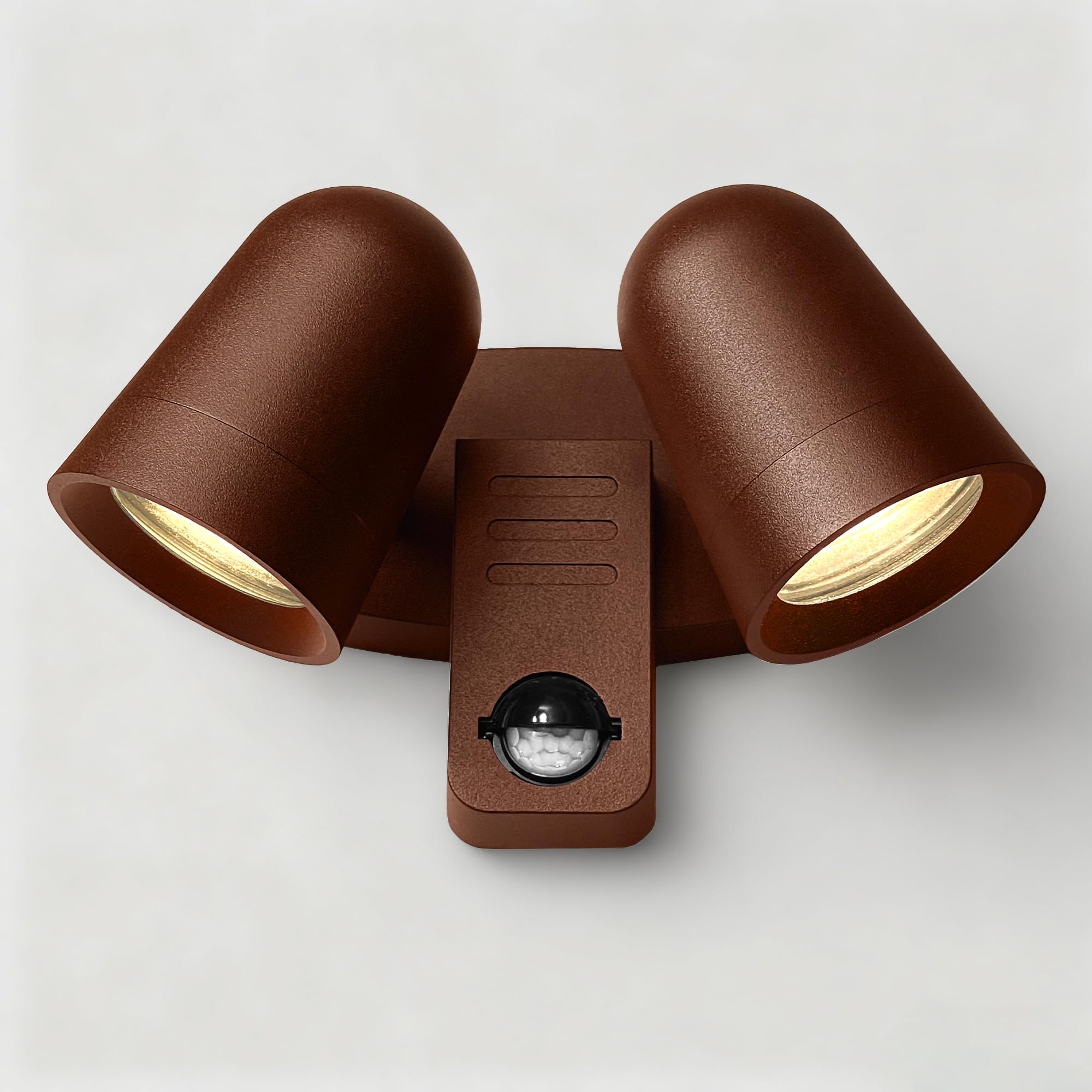 JNR LED Außenlampe mit PIR Bewegungsmelder, IP54 Wasserdichte Außenleuchte mit Bewegungsmelder 230V Doppel Strahler 330° Schwenkba, Aussenlampe 2x5W GU10 3000K Warmweiß Glühbirne, Bronze Rotbraun