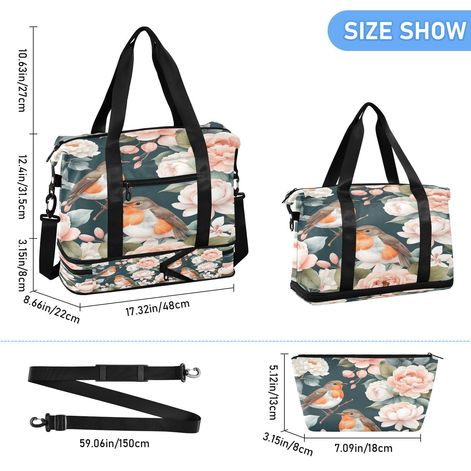 Borsa sportiva da palestra per uomini e donne, con pettirosso, pesca, rose, fiori, borsone da viaggio con scomparto per scarpe pieghevole, borsa da yoga per ragazzi e ragazze, borsa per la